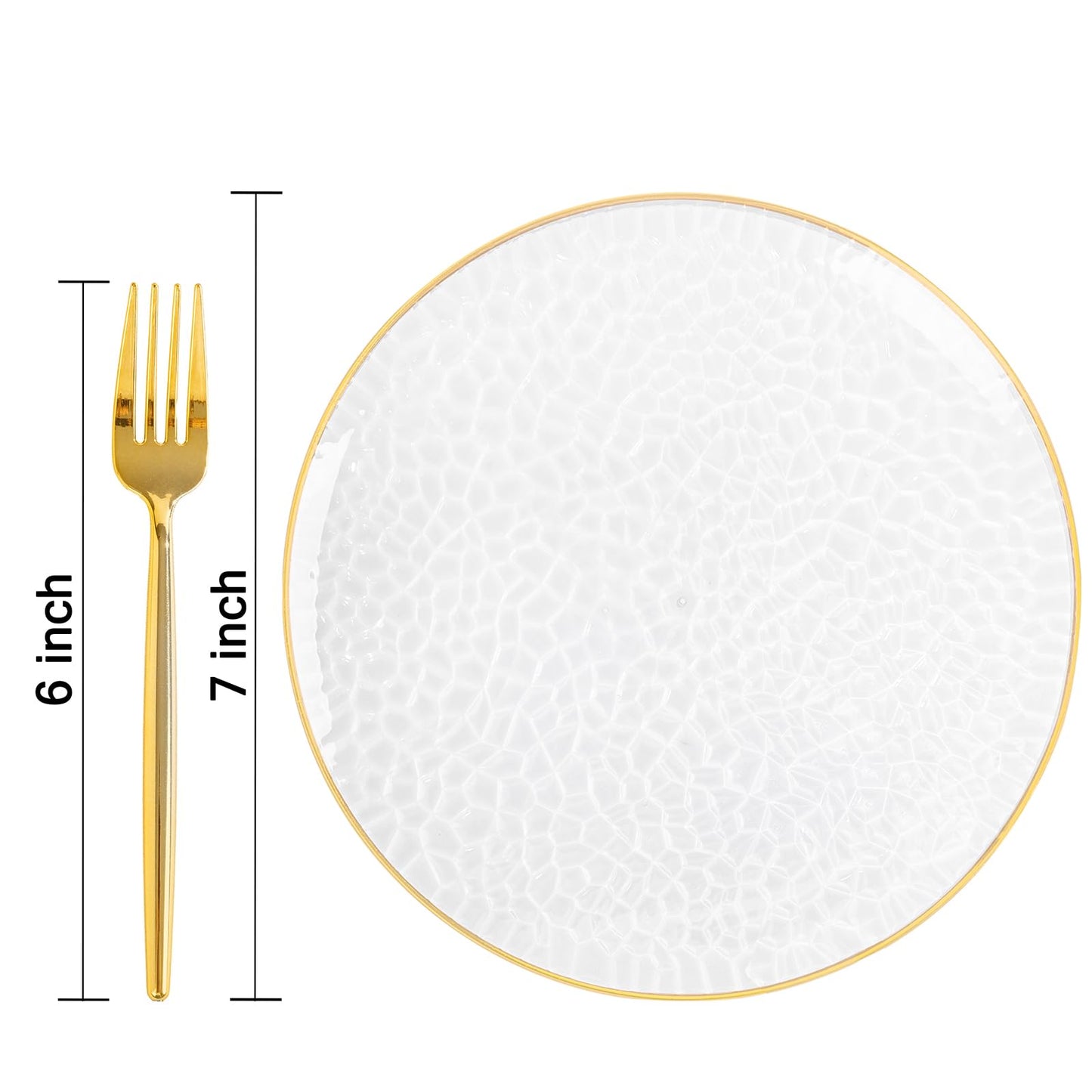 DaYammi 240Pcs Gold Plastic Plates Including 120Pcs Dessert Plates and 120Pcs Cake Forks,Hammered Party Plate,Clear Gold Appetizer plates Heavy duty Disposable Plastic Plate for Party Wedding Birthday