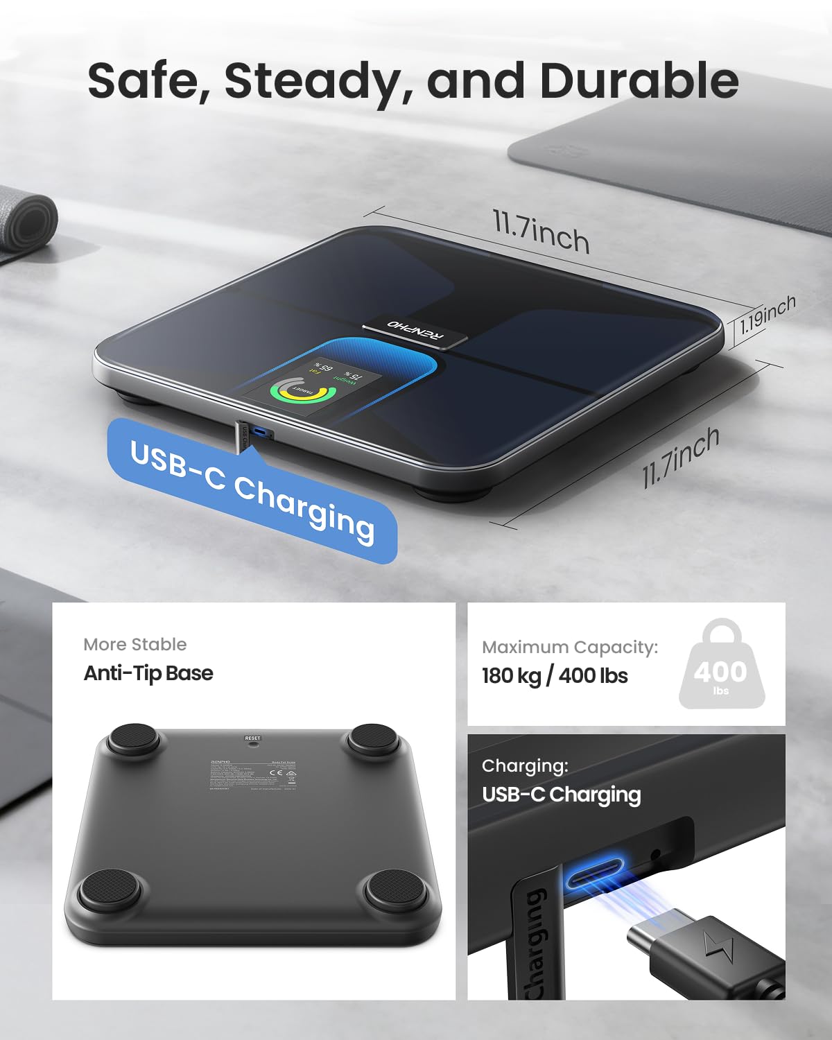 RENPHO Scale with BMI, Body Fat, Muscle Mass, Smart Scale for Body Weight, Wi-Fi & Bluetooth Body Composition Scale, Rechargeable, Elis Evo