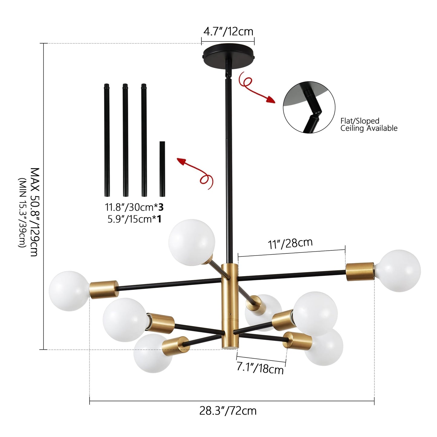 KAISITE Modern Sputnik Chandelier - 8-Light Ceiling Light Fixture Height Adjustable Mid Century Plating Finished Black and Gold Chandelier for Bedroom Living Room Dining Room Kitchen Foyer