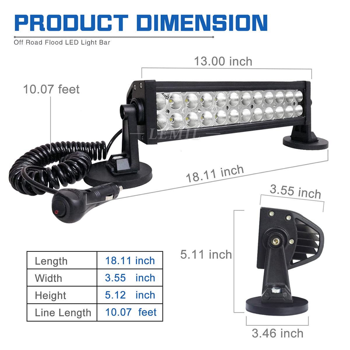 LEMIL 72W Led Light Bar Flood Light Magnetic Work Light Cigarette Lighter Waterproof Driving Off Road with Rocker Switch Wiring Harness for Ford Boat Truck SUV UTE ATV UTV 12V 24V