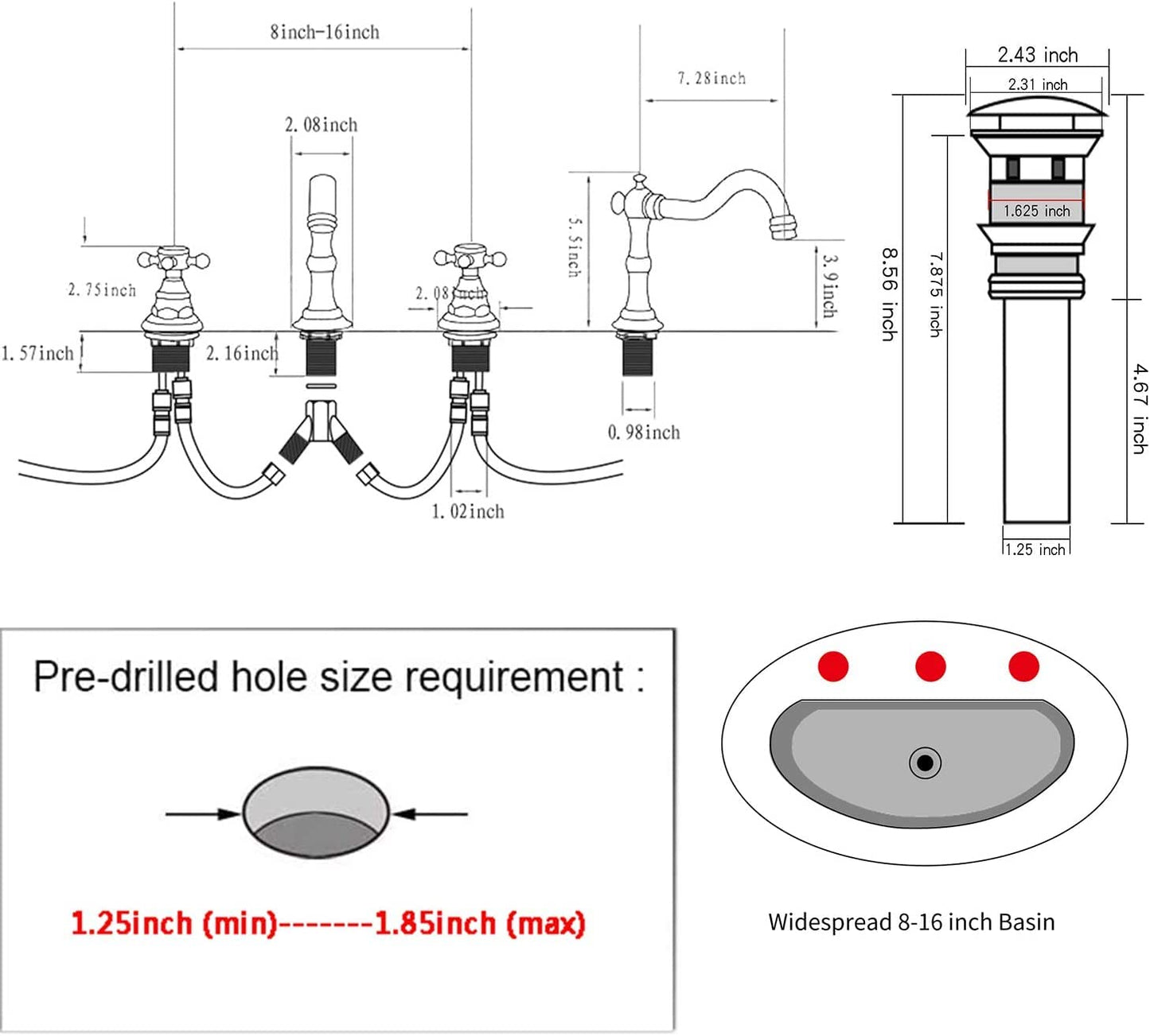 GGStudy 2 Handles 3 Holes Faucet Widespread Bathroom Sink Faucet Antique Brass Basin Tap Mixer Supply Hose Included Matching Metal Pop Up Drain