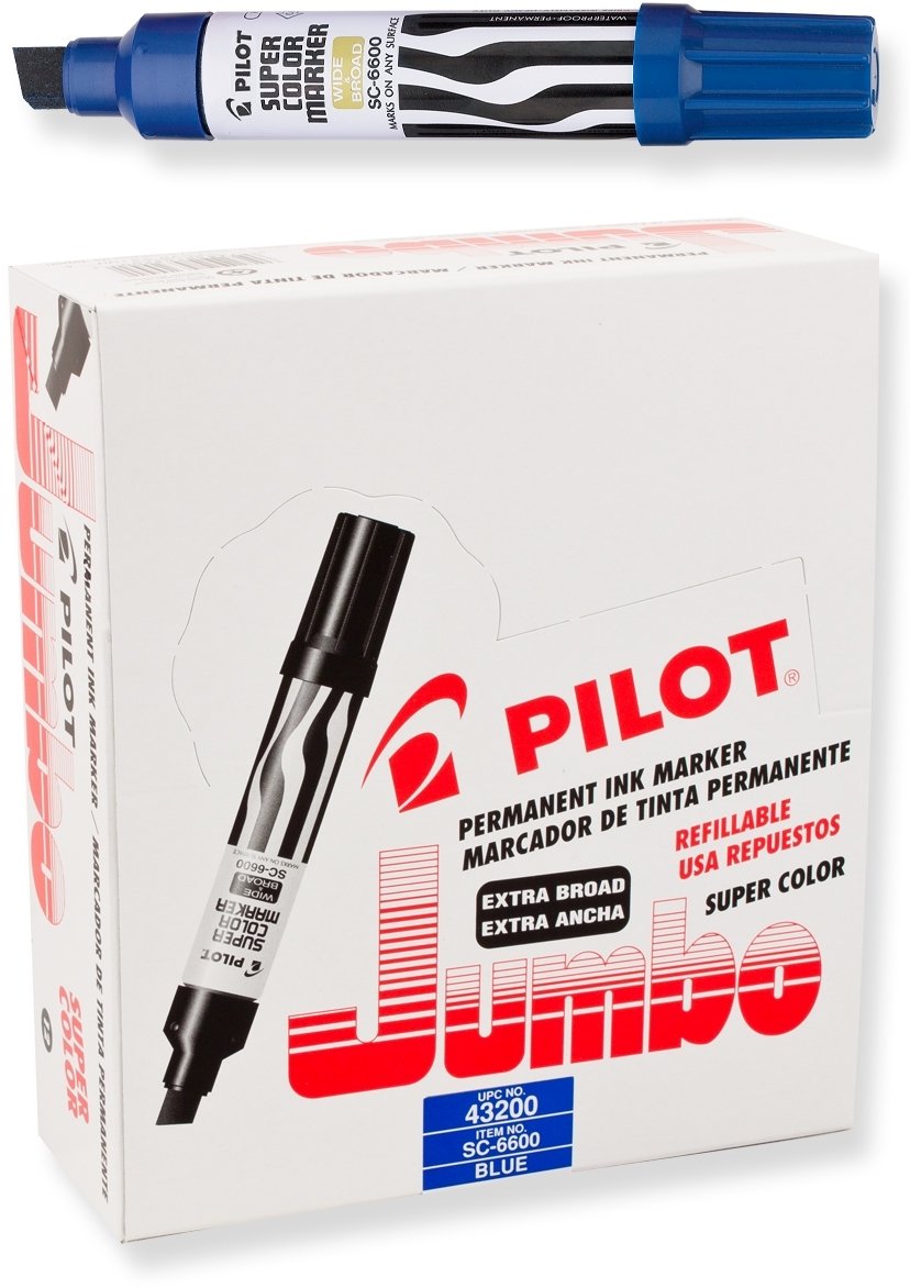 Pilot Super Color Jumbo Refillable Permanent Markers, Blue Ink, Extra-Wide Chisel Point, Jumbo Permanent Markers, 12-Pack