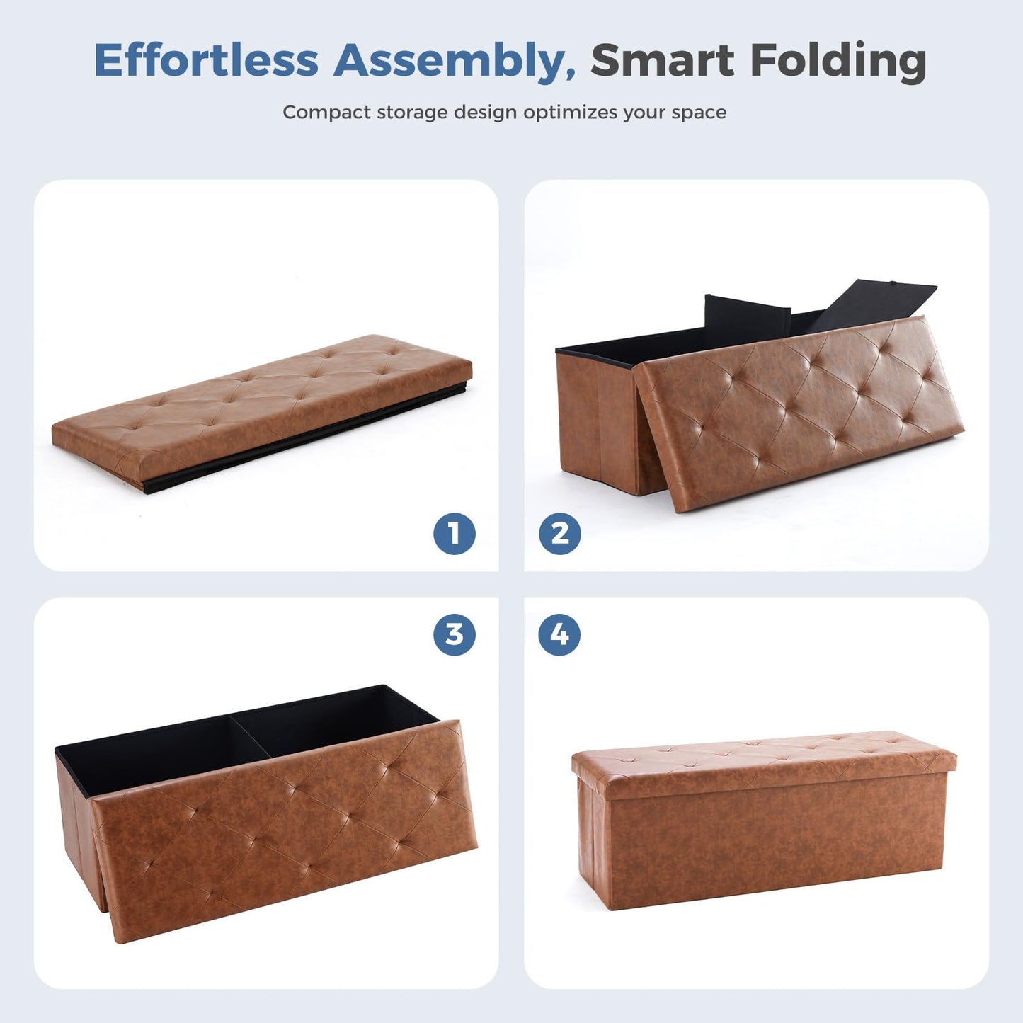 DUMOS Foldable Storage Ottoman Bench 43in, Foot Rest Stool, Synthetic Leather Storage Chest with Thicker Foam Padded Seat for Entryway Living Room, Modern Brown