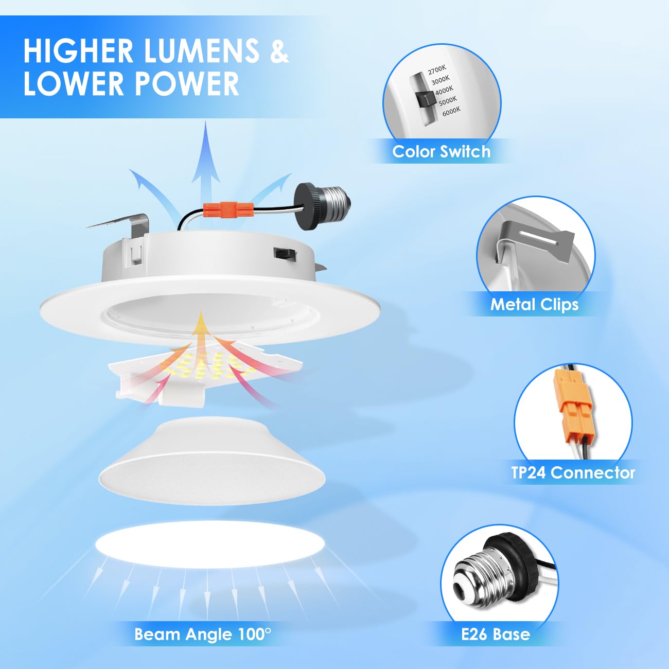ANWIO Recessed Lights 4 Inch 5CCT 2700/3000/4000/5000/6000K, Modern Retrofit LED Recessed Lighting 7W(85W Equivalent) CRI 80+ Dimmable Can Lights E26 Medium Base Ceiling Light IC Rated & ETL, 16 Pack