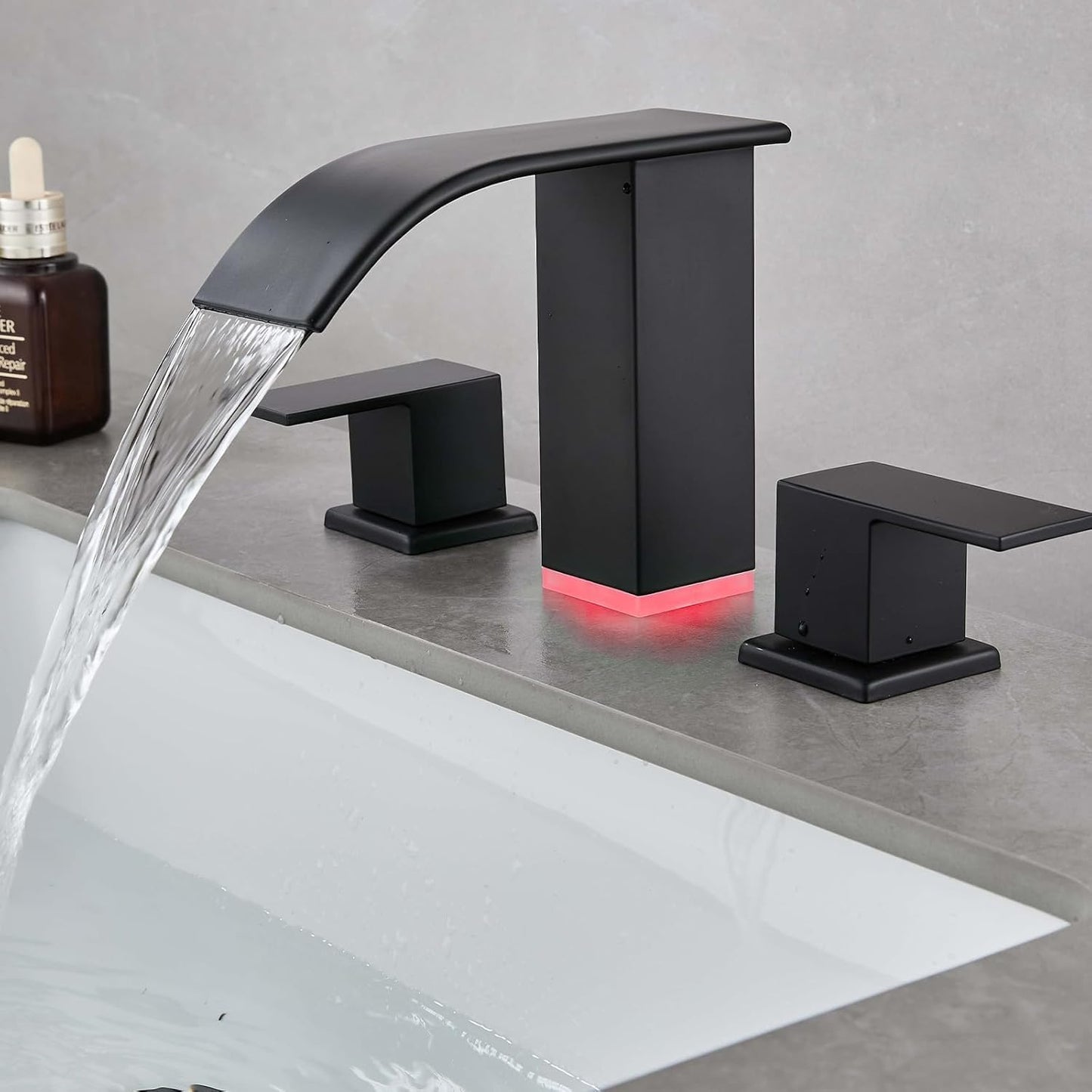 Kyatinsal LED Light Black Waterfall Bathroom Faucet 3 Holes - 8Inch Widespread Bathroom Sink Faucet | Two Handles Lavatory Vanity Sink Faucets with Pop-up Drain Assembly
