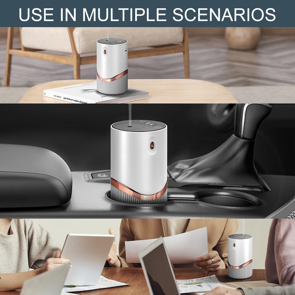 Waterless Essential Oil Diffuser - Aroma Diffuser for Car, Portable Smart Scent Air Machine 1/2/3 & Continuous Mist, Anti-TIPP, Timer Setting and Auto-Off Function (White)