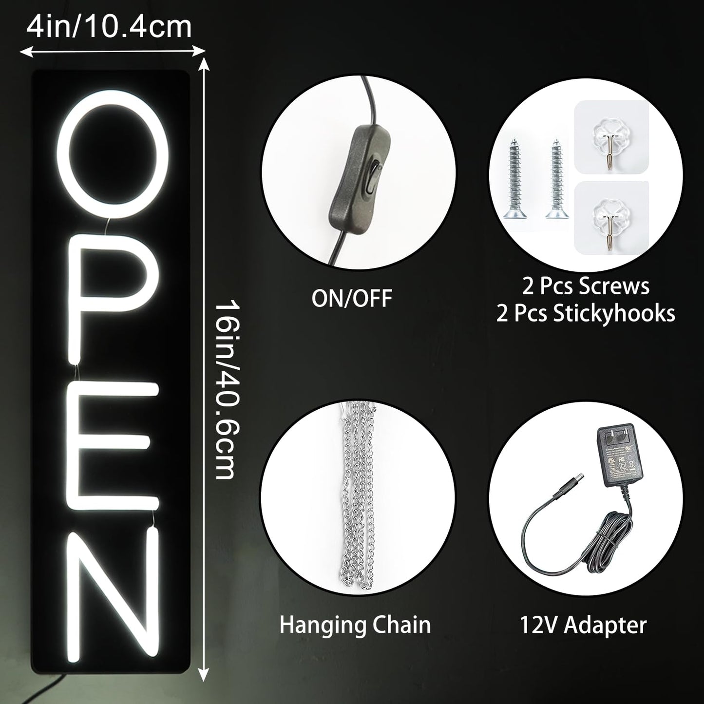 Open Signs for Business 12V/2A Ultra Bright LED Neon Open Sign 16 Inch Lighted Open Sign Electric Light Up Open Sign for Business Storefront Window Glass Door Retail Shop Store Bar Salon Restaurant,Vertical White