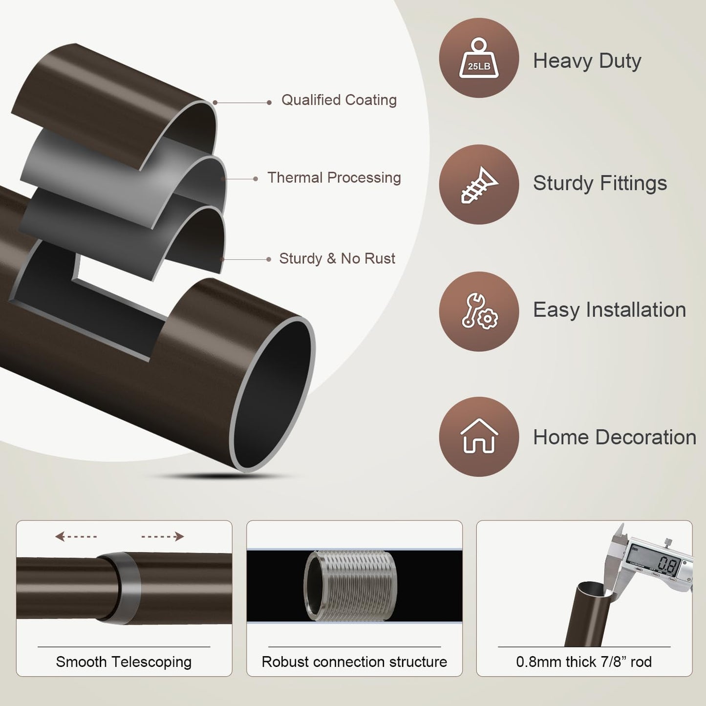 2 Pack Brown Curtain Rods Set for Windows 48 to 84 Inches Adjustable Length Heavy Duty 7/8" Diameter Window Curtain Rod with Decorative Finials for Outdoor Farmhouse Bedroom Kitchen Living Room