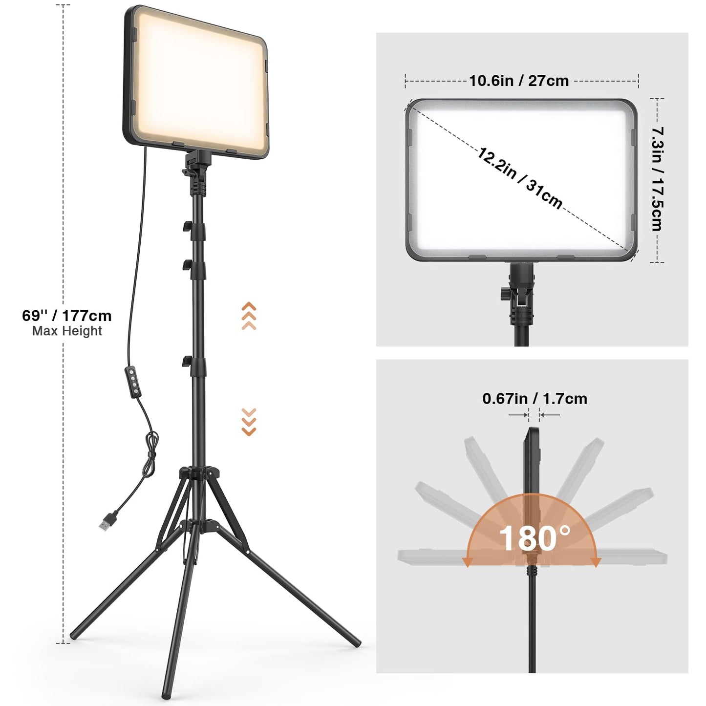 2 Pack LED Video Light Kit with 63'' Tripod Stand, Kmasic 2500-8500K Dimmable Photography Lights,15W Studio Lighting for Video Recording/Collection Portrait/Game Streaming/YouTube Podcast, USB Charger