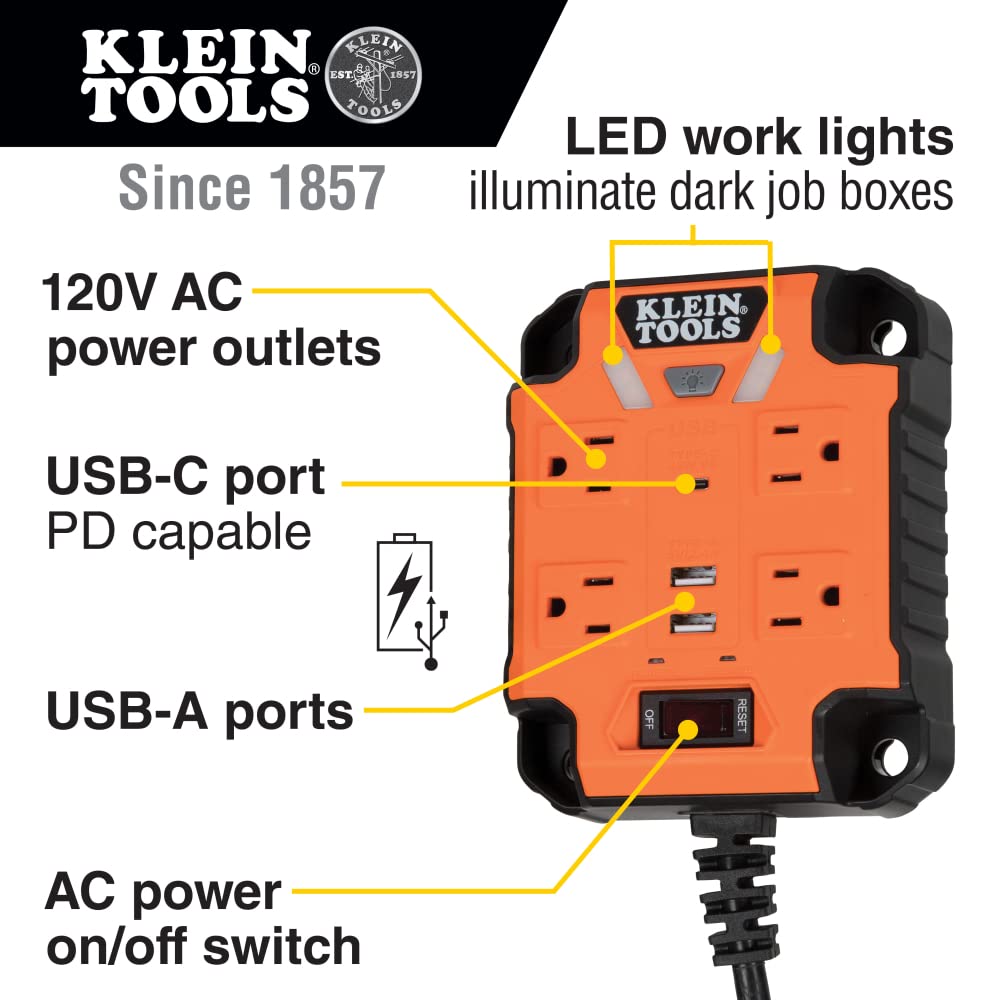 Klein Tools 29601 Magnetic Power Strip with Surge Protector, Extension Cord, 4 Outlets, 3 USB Ports, 5-Foot Cord, Power Supply Box with Light, PowerBox 1, Heavy Duty