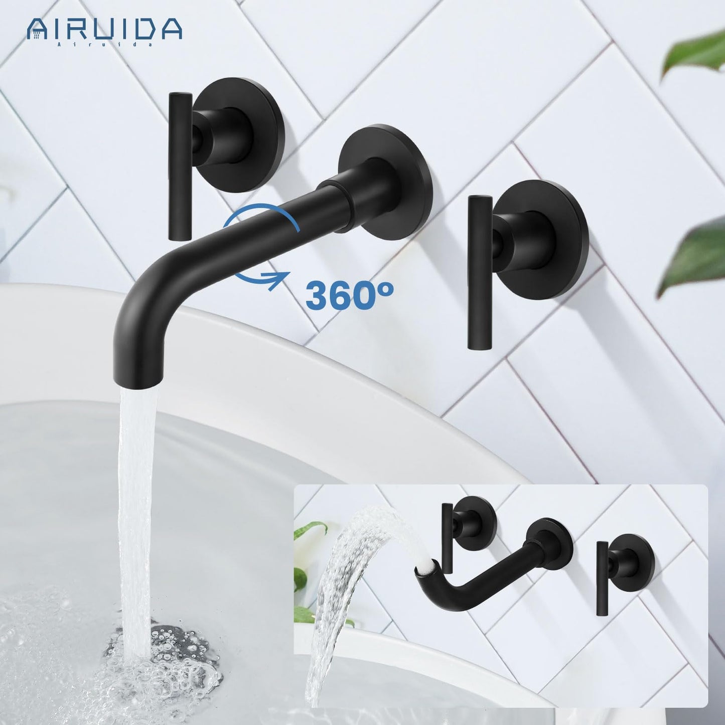 Airuida Wall Mounted Widespread Bathroom Sink Faucet Wall Mount Lavatory Faucet Vanity Sink Mixer Tap 2 Lever Handles 3 Holes 360 Swivel Spout with Brass Rough in Valve Matte Black