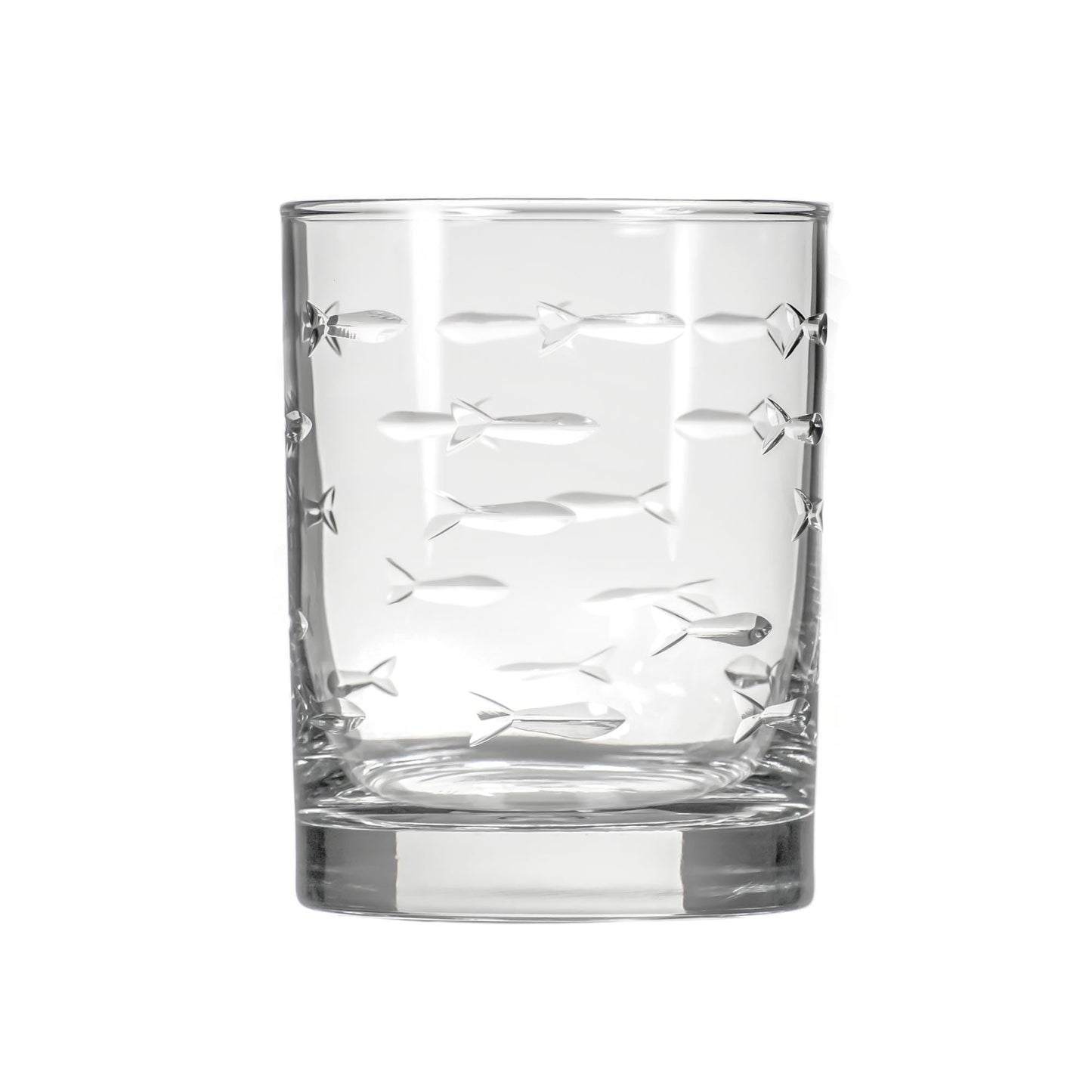 Rolf Glass School of Fish 13oz Double Old Fashioned Glass | Whiskey Glass Set of 4 | Lead-Free Glass | Engraved Tumbler Glasses | Designed and Engraved in the US