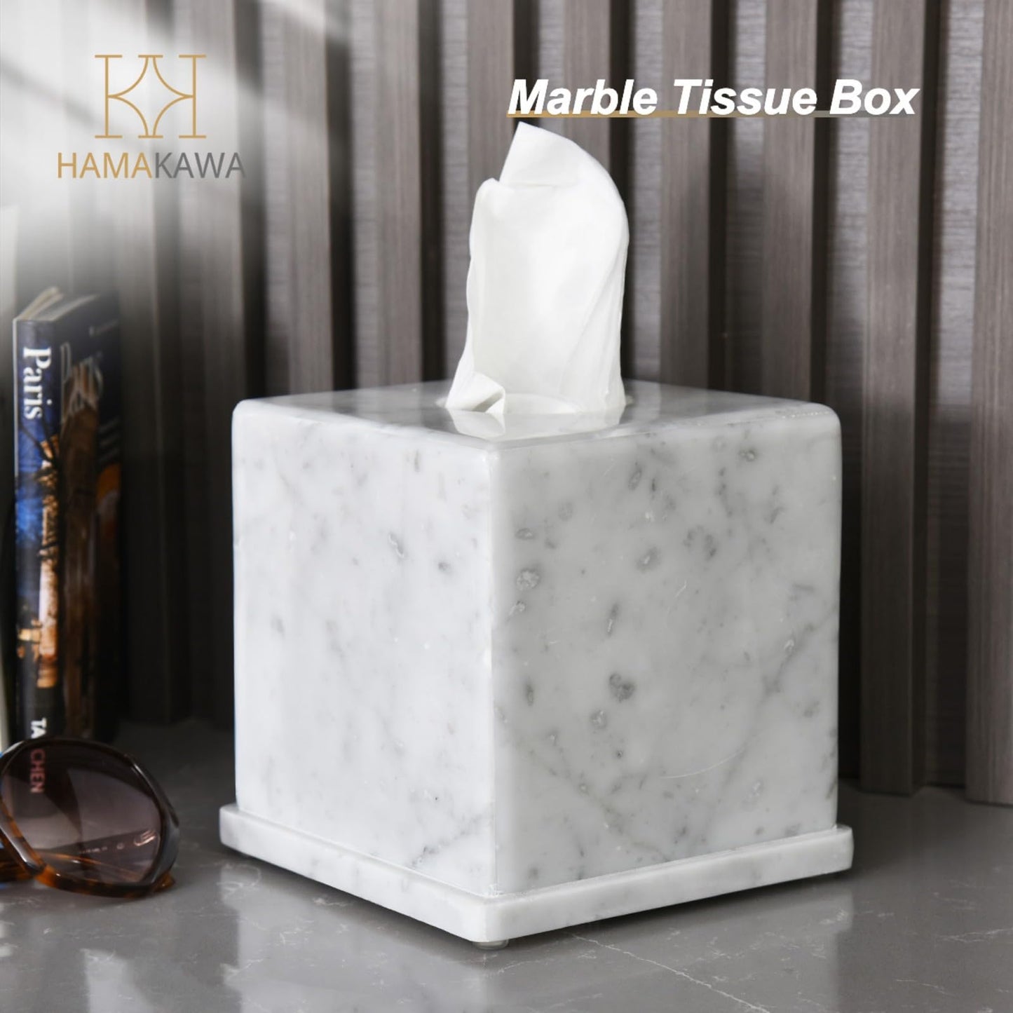 HAMAKAWA Natural Marble Tissue Box Cover, Carrara White Tissue Organizer 6 X 6 X 5.7 Inch, Heavy Stone Decorative Box, Square Tissue Box Holder for Home Decor, Kitchen, Bathroom
