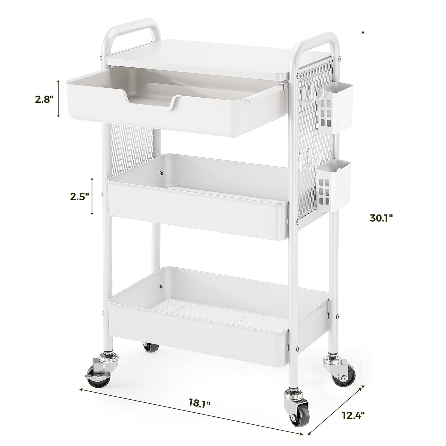 3 Tier Metal Rolling Utility Cart with Drawer & Pegboard - Multifunctional Storage Cart on Wheels with Tabletop, Hooks & Basket, Sturdy Craft & Art Cart for Bathroom, Bedroom, Children Room, White