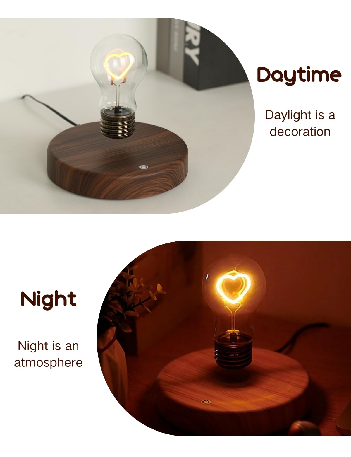 MOOCCI Levitating Bulb Lamp Magnetic Floating Light Desk Lamp Night Light, 360 Degree Wireless Automatic Rotating Light for Gifts Home Office Decor Desk Tech Toys (Round-Heart Bulb)