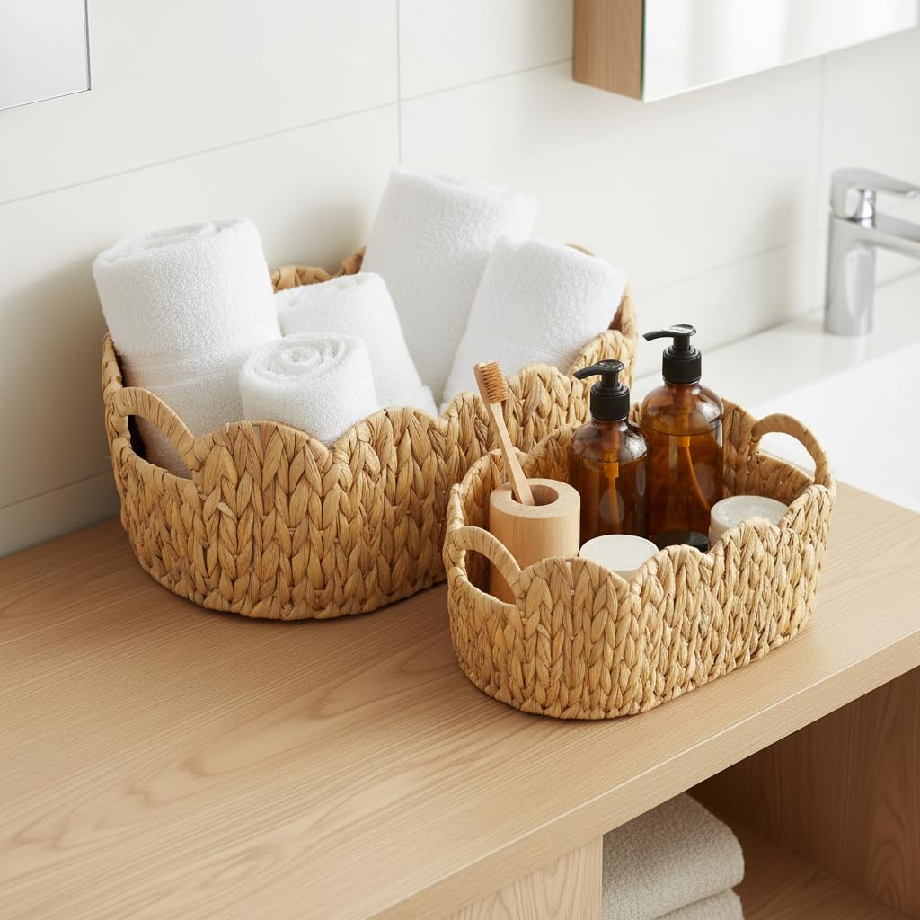 Coeusy Scalloped Basket,Water Hyacinth Basket for Organizing and Decor,Hand-Woven Rattan Baskets with Built-In Handles for Living Room,Bedroom,Laundry,2 Pack