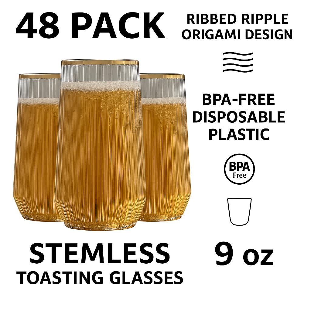 48 Pack Ribbed Ripple Stemless Toasting Glasses, Origami Durable 9 Oz BPA-Free Disposable Plastic Champagne Flutes for Weddings, Bars, Events, and Celebrations (Gold Rim)