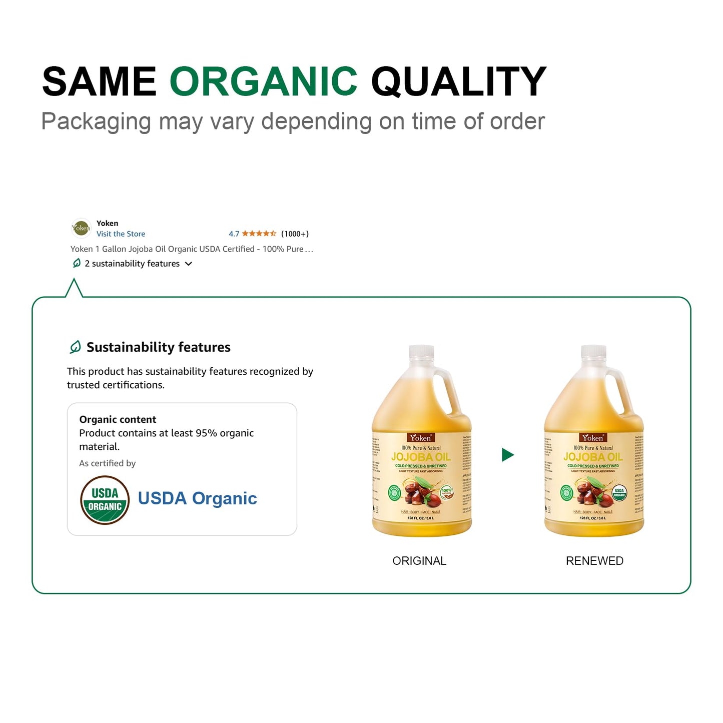 Yoken 1 Gallon Jojoba Oil EWG Verified - 100% Pure Jojoba Oil Bulk Cold Pressed Unrefined Hexane Free Virgin Golden Jojoba Carrier Oil for Hair Skin Massage DIY Natural Body Moisturizer