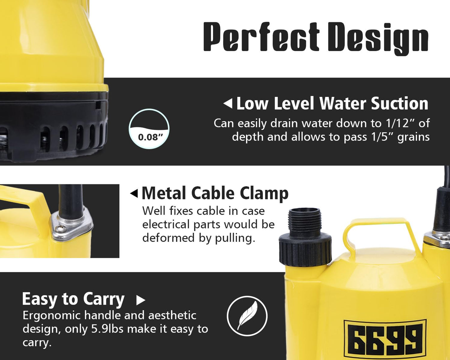 6699 1/6HP Portable Utility Pump Submersible Small Backup Sump Pump Draining pump to Remove Water from Flooding House Basement Pool Tankless Heater Flushing Pump with 10-Foot Cord SUB 1100
