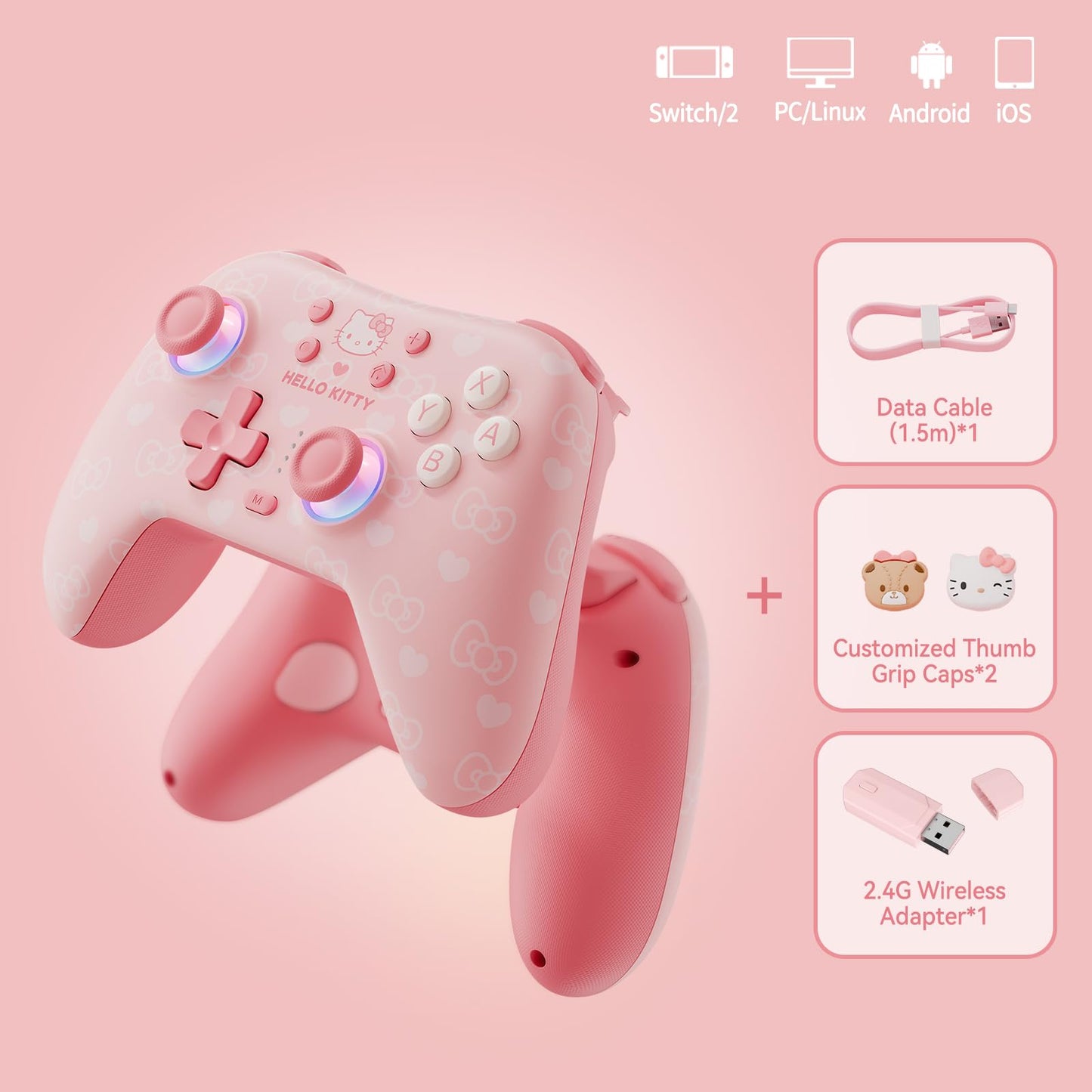 Kuitmor Pink Switch Controller,Hello Kitty Hall Effect Controllers Wireless for Switch 2/1/OLED/Lite,PC,Android,iOS | 2.4G Receiver + Bluetooth,1000mAh Battery,6-Axis Gyro,Dual Vibration,RGB Breathing Light
