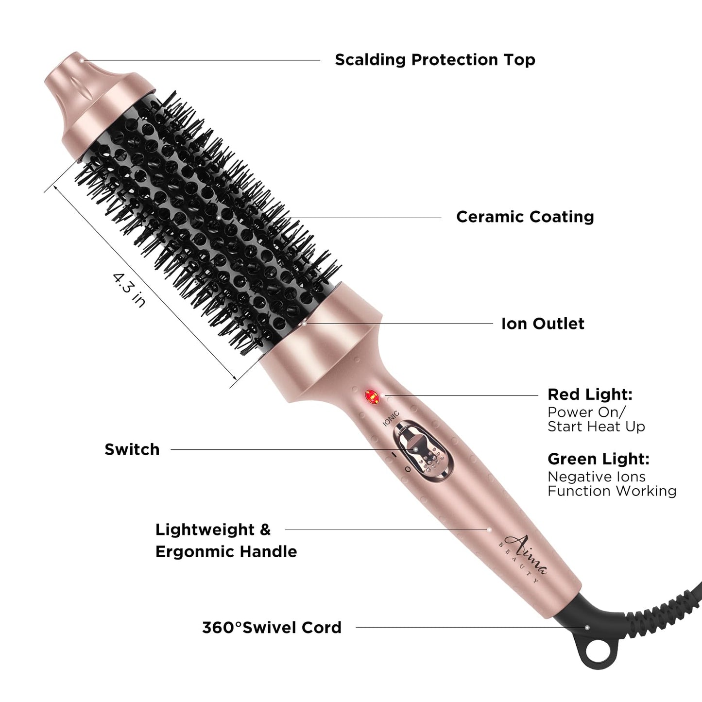 Aima Beauty Heated Round Brush, 1.3"/35mm Ionic Straightening Brush, Hair Curling Iron Brush Create Smooth & Shiny Loose Curls, Fast Heating Thermal Brush, Dual Voltage, 60Mins Auto Shut Off, Gold