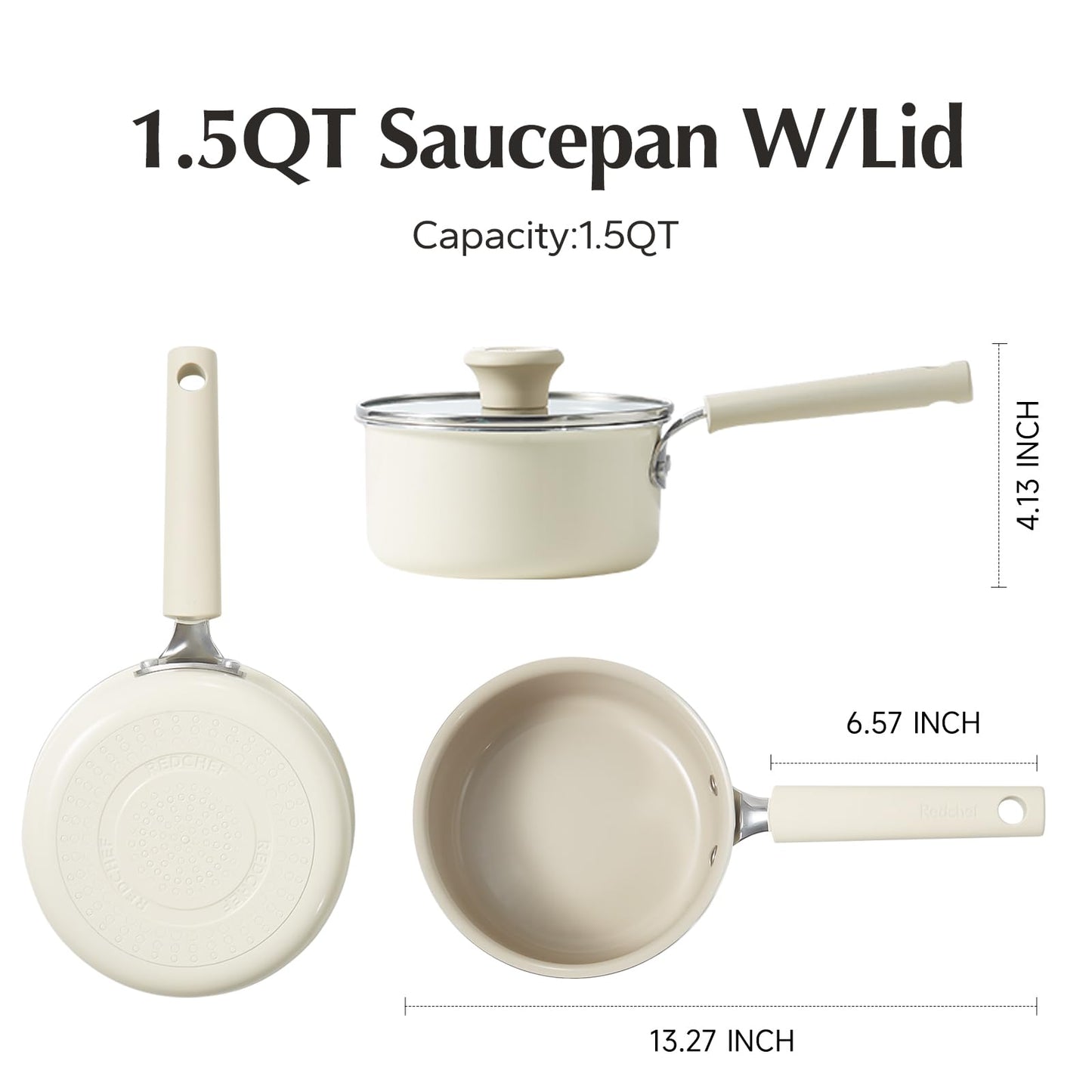 Redchef Ceramic Nonstick Saucepan with Lid, 1.5QT Small Cooking Pot, Non Toxic Sauce Pans for Kitchen, Cool Handle PFAS Free Compatible with All Cooktops, White