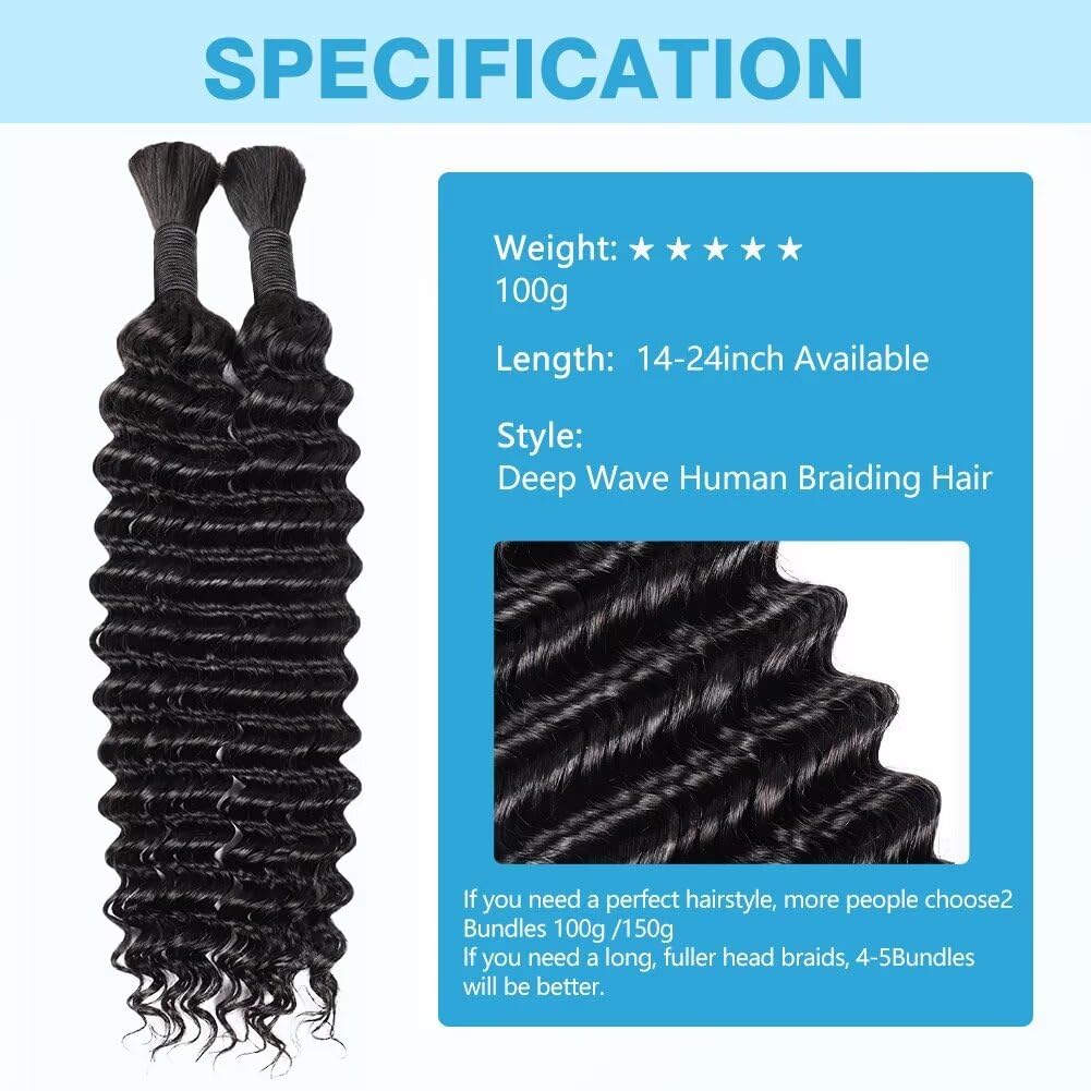 Human Braiding Hair 12A Deep Water Wave Bulk Human Hair 100g 18 Inch Curly Human Hair for Boho Braids Hair Extensions No Weft 2 Braids Per Pack Wet and Wavy Human Hair Braiding Hair Natural Black