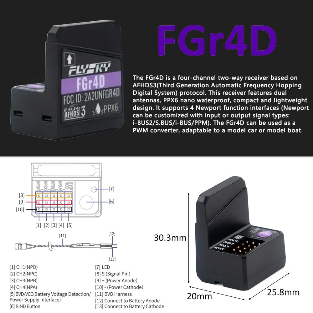 GoolRC Flysky FGr4D Receiver, 2.4GHz 4 Channels AFHDS 3 Receiver Built-in Dual Antenna PWM/PPM/i-BUS2/S.Bus/i-Bus Output Compatible with Flysky Noble NB4 PL18 EL18 RC Transmitter for RC Car Boat