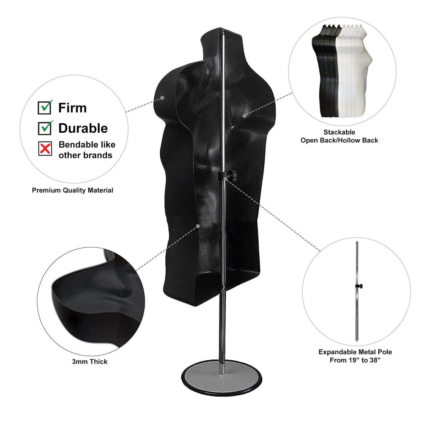 DisplayTown Male and Female Mannequin Torso with Metal Stand Hollow Back Body Stackable Dress Form for Tshirt Display, Countertop, Craft Shows, S-M Size (Black, Set of 1)