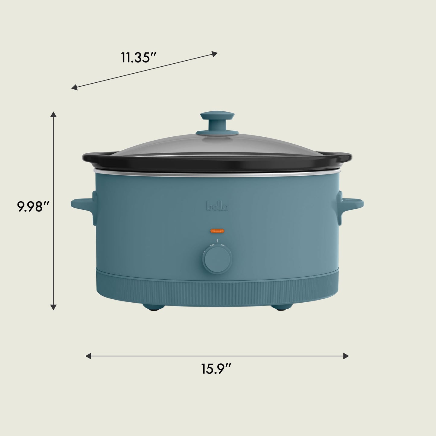 bella 6.0 Qt Manual Slow Cooker, Ceramic Nonstick Coating, 3 Temperature Settings, Dishwasher Safe Stoneware Pot and Tempered Glass Lid, Cool Touch Handles & Tangle Free Cord Wrap, Surf