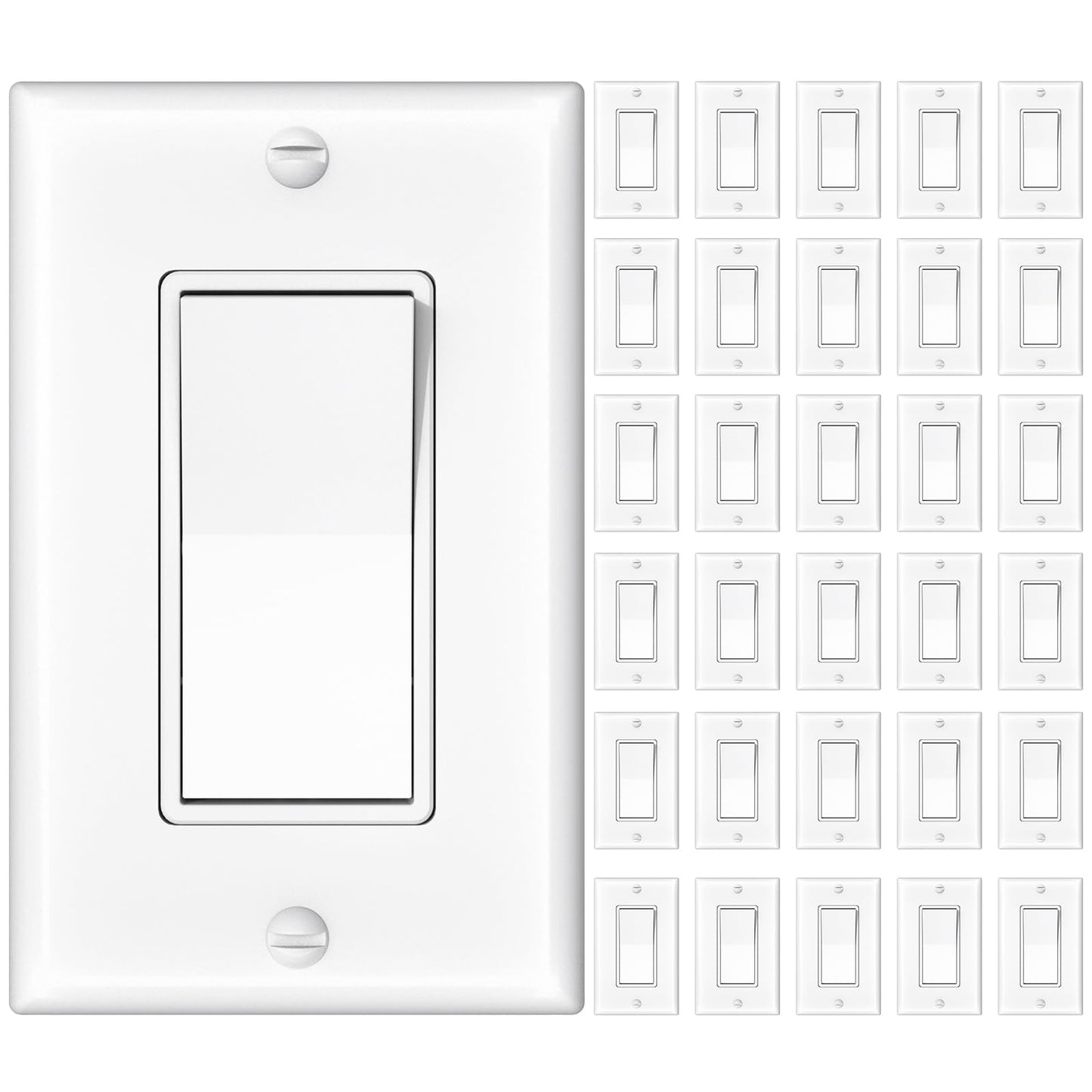 Amico 30 Pack Single Pole Light Switch with Wall Plate, UL Listed, 15A 120/277V, On/Off Rocker Paddle Interrupter Wall Switch, Grounding Screw, Residential Grade, Suitable for Home and Business, White