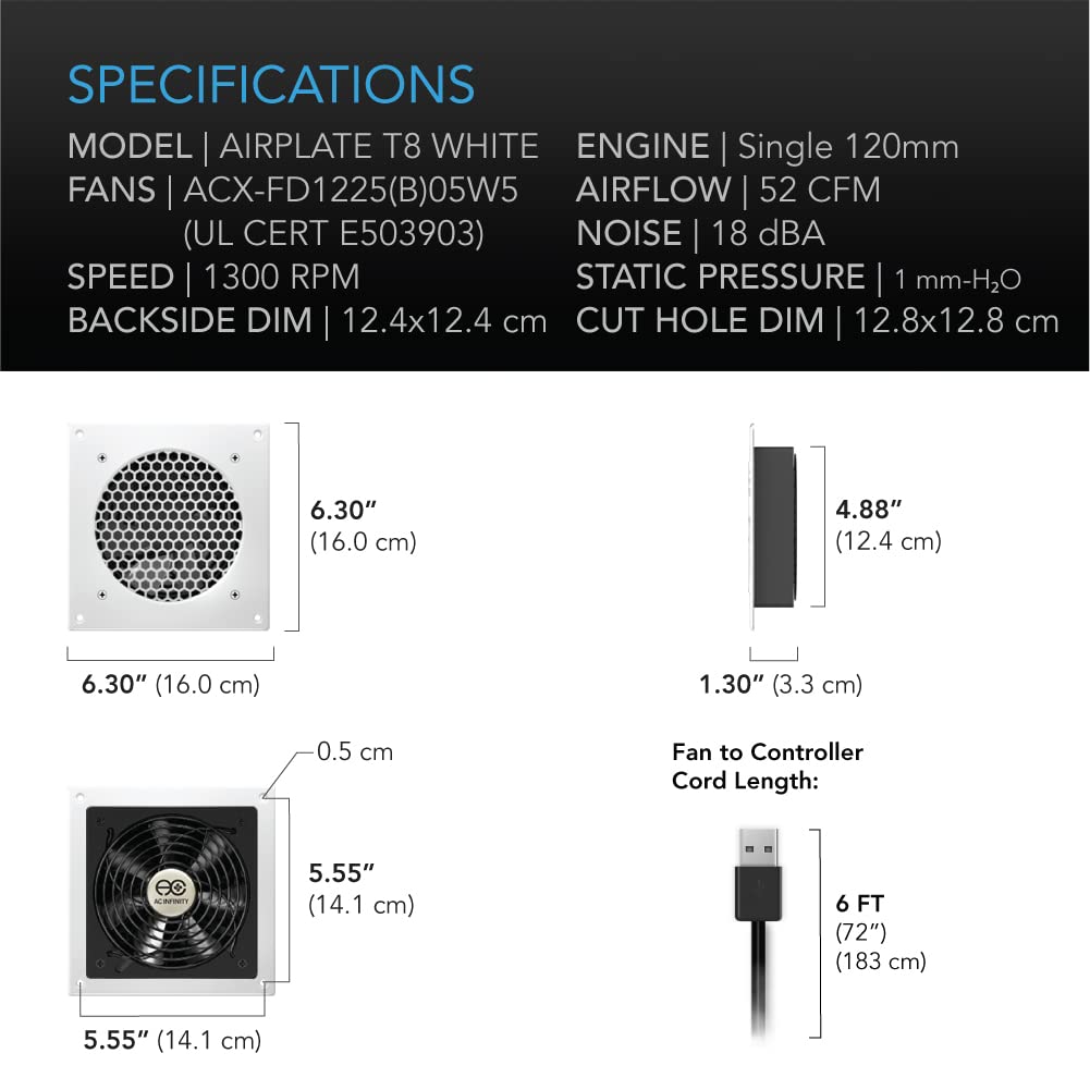 AC Infinity AIRPLATE T8 White, Quiet Cooling Dual-Fan System 6" with Thermostat Control, for Home Theater AV Cabinets