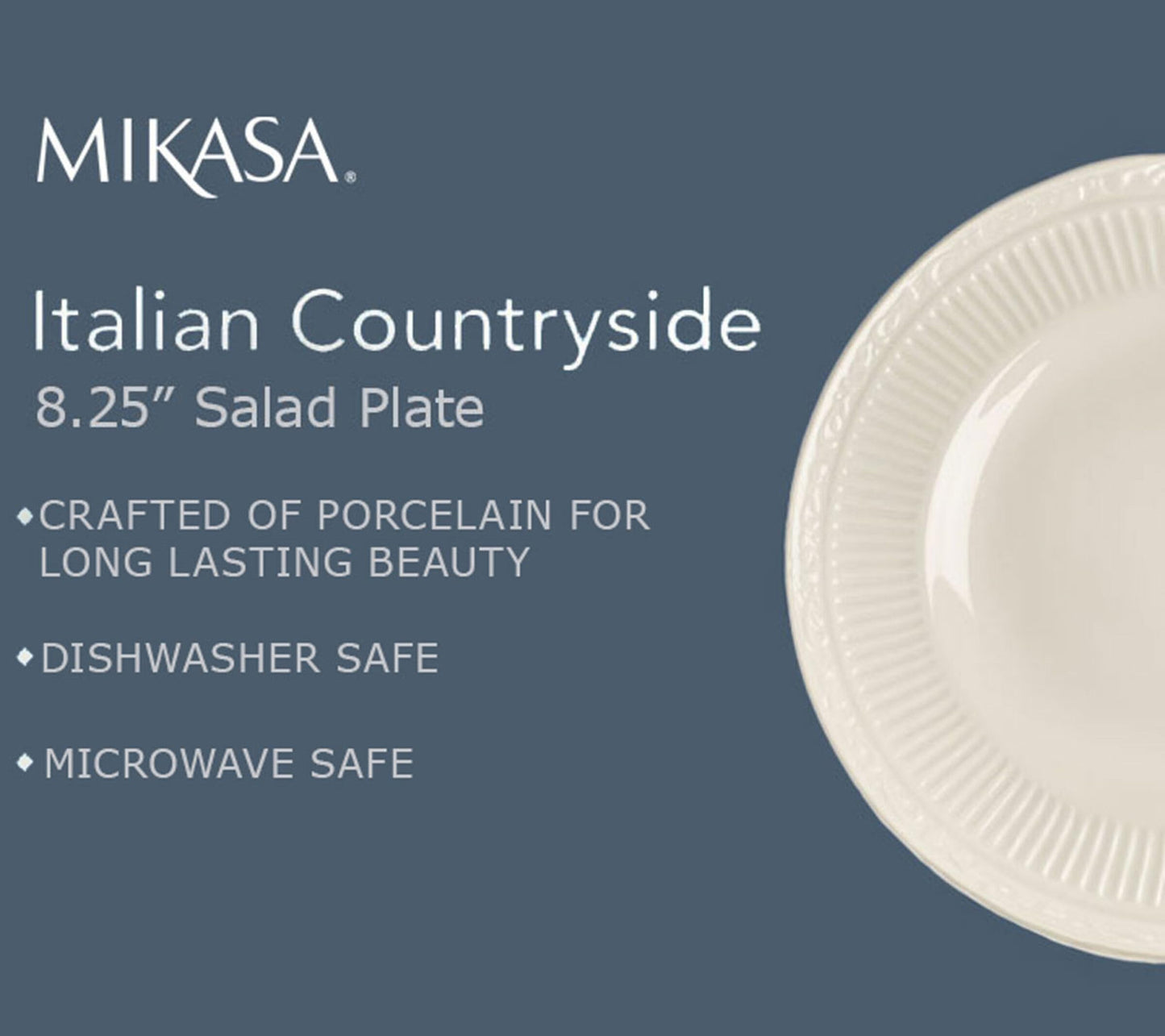 Mikasa Italian Countryside Set of 4 Porcelain Salad Plates, Classic Embossed White Plate Set, Microwave Dishwasher Safe, Cream, 8.25 Inch