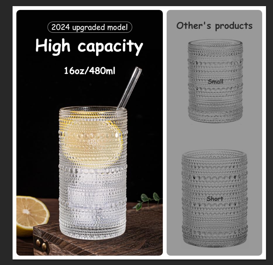 Dingerjar Upgraded Large Capacity 16 oz/480 ml Hobnail Glasses Drinking Set of 12 - Heavy Vintage Glassware