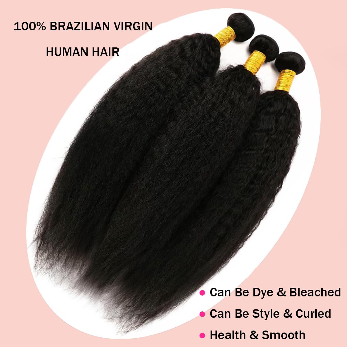 CYIKLI 12 14 16 Kinky Straight Bundles Human Hair Yaki Straight 3 Bundles 100% Unprocessed Brazilian Virgin Remy Hair Natural Black Color