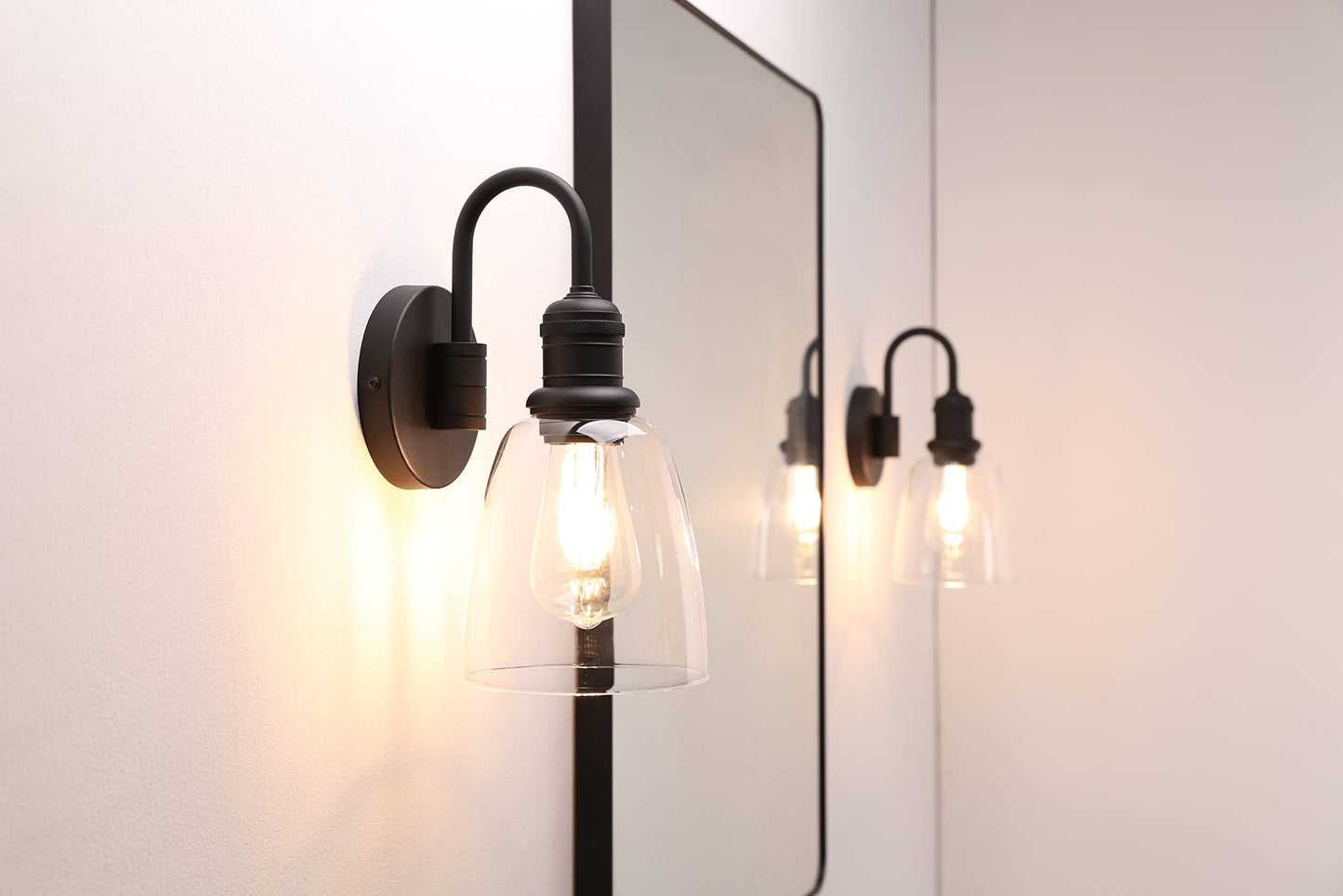 JIMUBEAM 1-Light Vintage Gooseneck Wall Sconce Lamp with Cloche Clear Glass Shade, Industrial Indoor Wall Light Fixture for Bathroom Living Room Bedroom Over Kitchen Sink