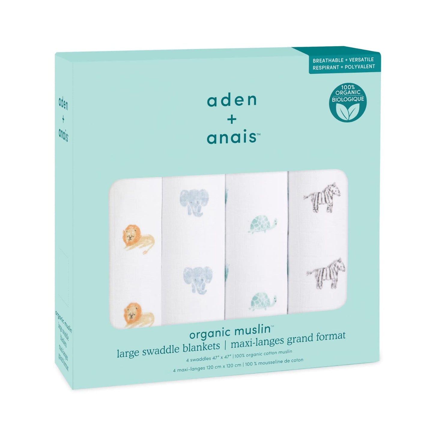 aden + anais Boutique Organic Swaddle Blanket 4-Pack – 100% Organic Cotton Muslin, Large, Soft, Breathable Receiving Blankets for Infants – Lightweight Multi-Use Baby Swaddles, Animal Kingdom