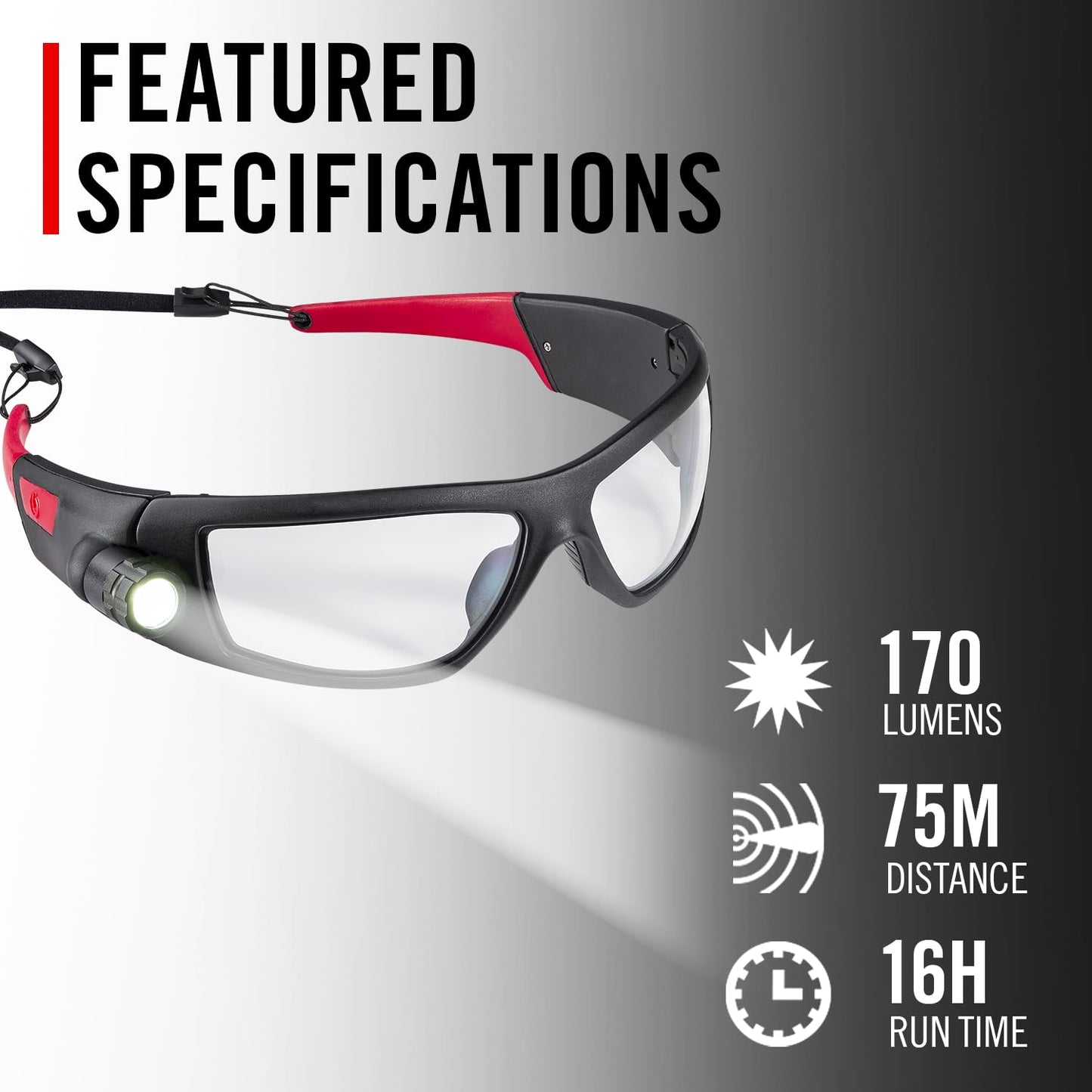 CoastSPG500 Rechargeable Lighted LED SafetyGlasses,Bulls-Eye Spot Beam,ANSI Z87Standards, 2Scratch Resistant Lenses (Clear,Yellow) Included, UVProtection, Protective Carrying Case Included (Black/Red)