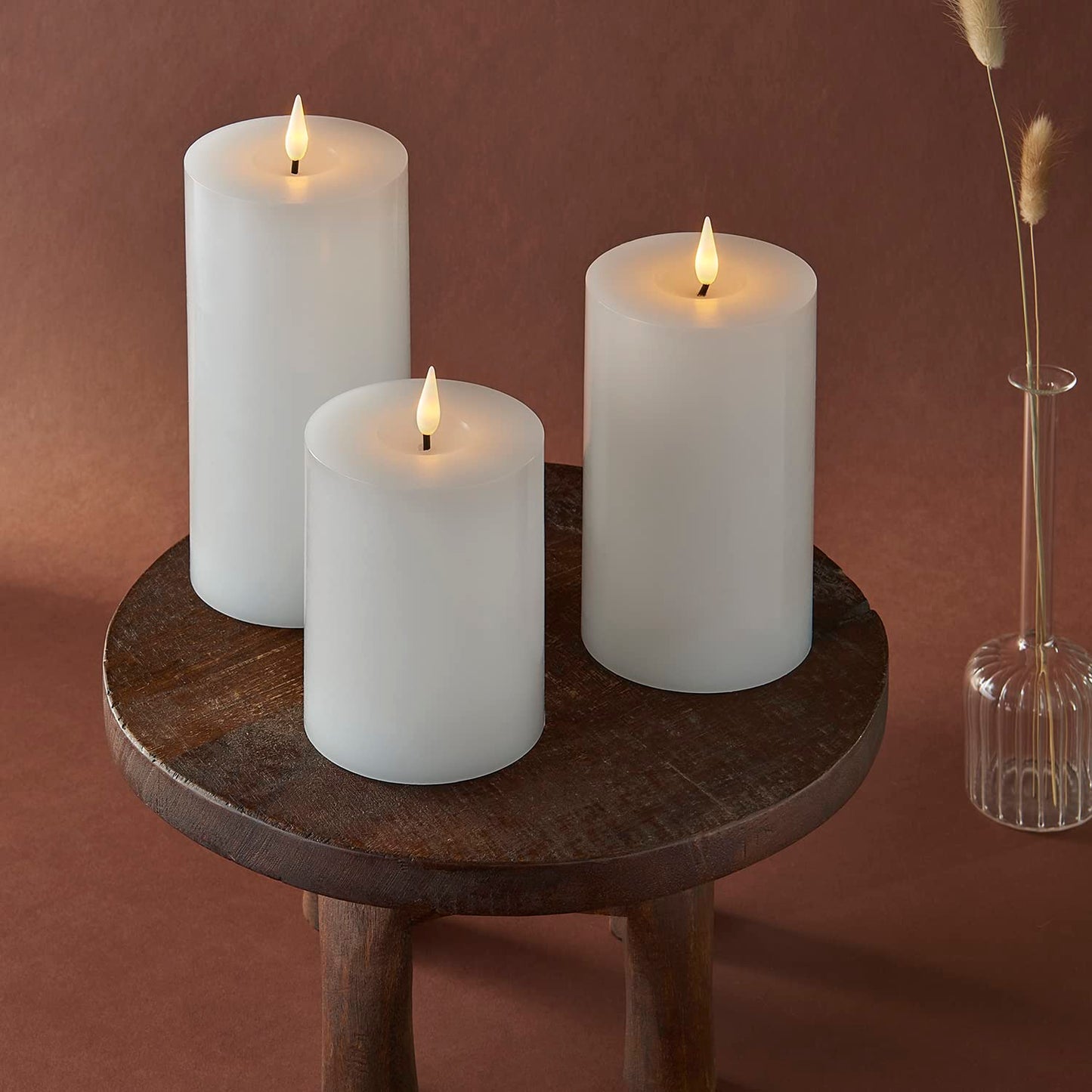 LampLust Realistic Flameless Pillar Candles with Remote - Set of 3, Batteries Included, Real White Wax, 3D Flickering LED Flame, 3 Inch Diameter Pillar Candles for Wedding and Farmhouse Home Décor