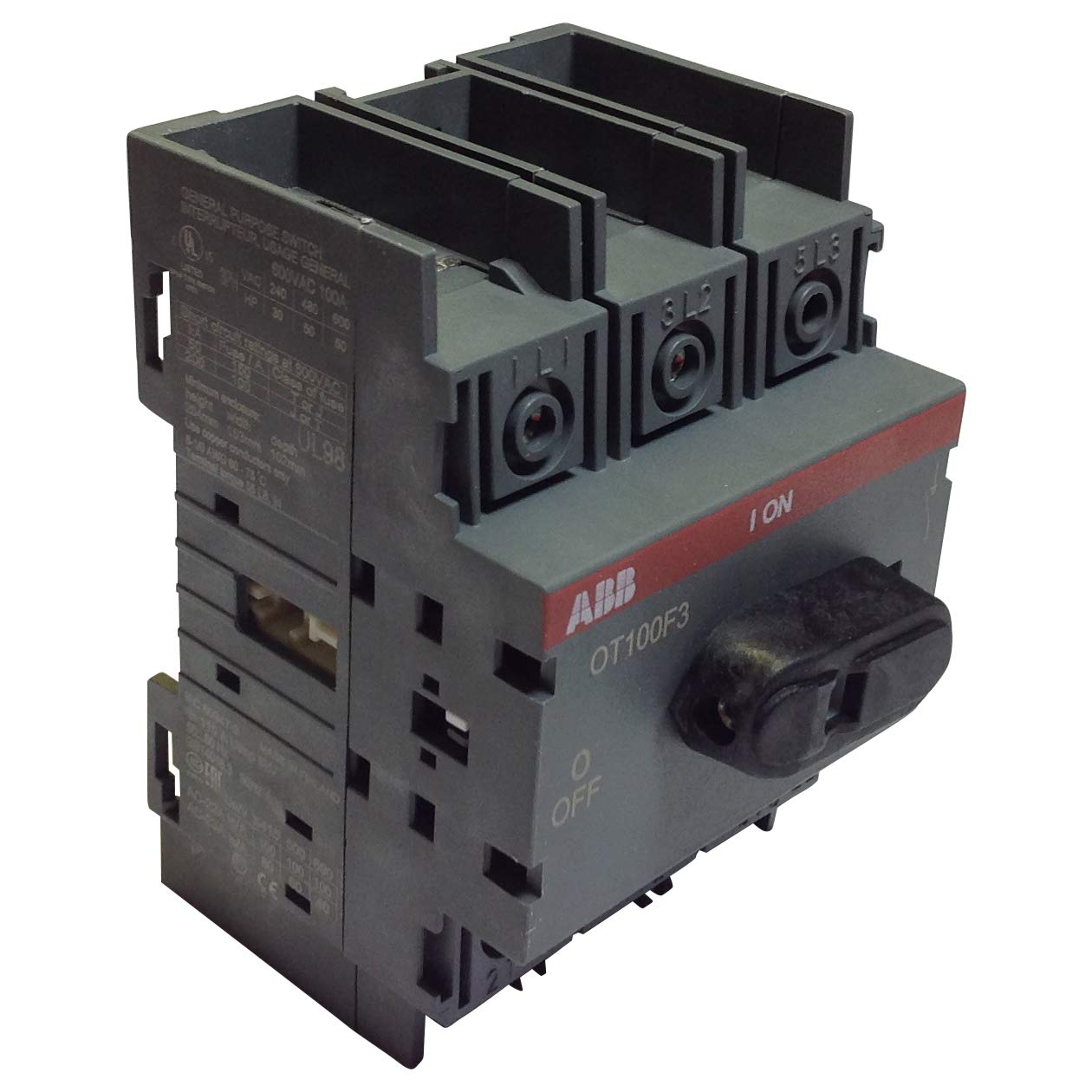 ABB OT100F3 Non-Fused Disconnect, 100 Amp, 3-Pole, Black, Manual On-off, Rotary Actuator