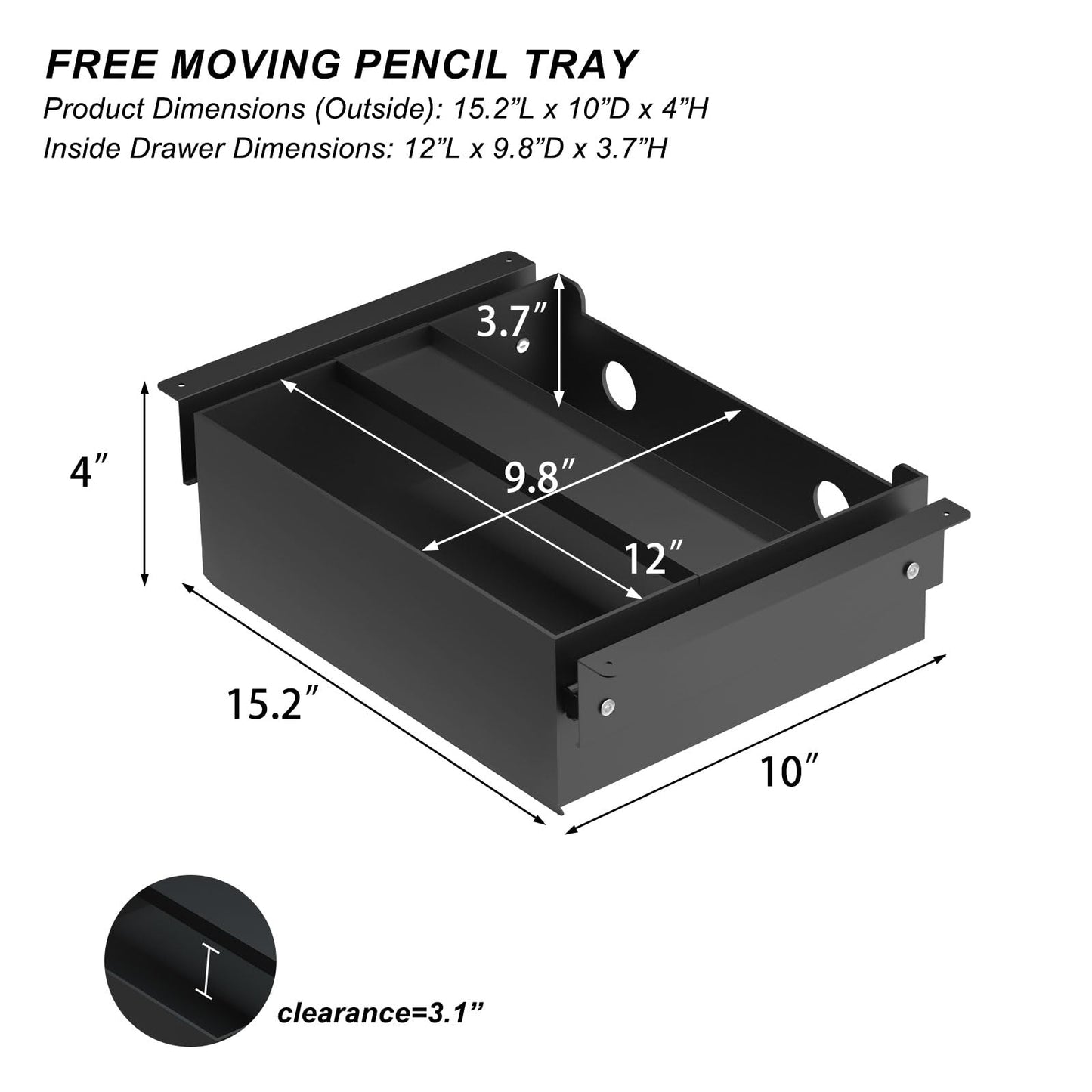 Gaxomo Under Desk Drawer(15.2''x10''x4'') with Sliding Pencil Tray, Desk Mounted Sliding Pull-out Drawer for Office Desk Drawer Attachment, Extra Storage Organizer for Sit Stand Workstation