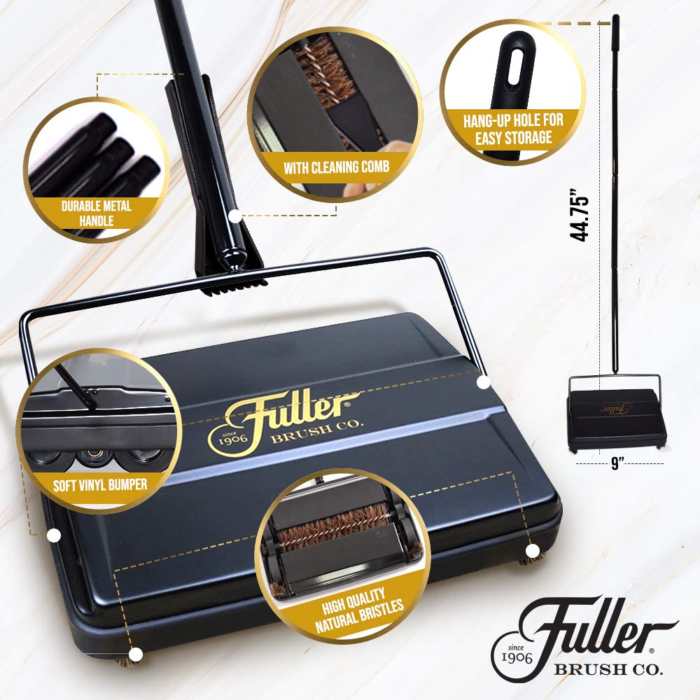 Fuller Brush Electrostatic Carpet & Floor Sweeper with Additional Rubber Rotor - 9" Cleaning Path - Lightweight - Ideal for Crumby & Wet Messes - Works On Carpets & Hard Floor Surfaces (Gray)