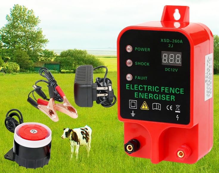 10KM 2J Portable Electric Fence Energizer, Waterproof Fence Charger for Livestock Cattle Horse, AC or Battery Powered, Alarm Function