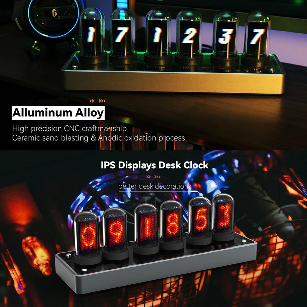 Adventurers IPS Nixie Tube Clock, Creative Electronic DIY Nixie Tube Clock Simulation with 6-Bit IPS LCD Screen,12/24 Hours, RGB Backlit Desktop Decoration,Gifts for Decorating Rooms and Desks