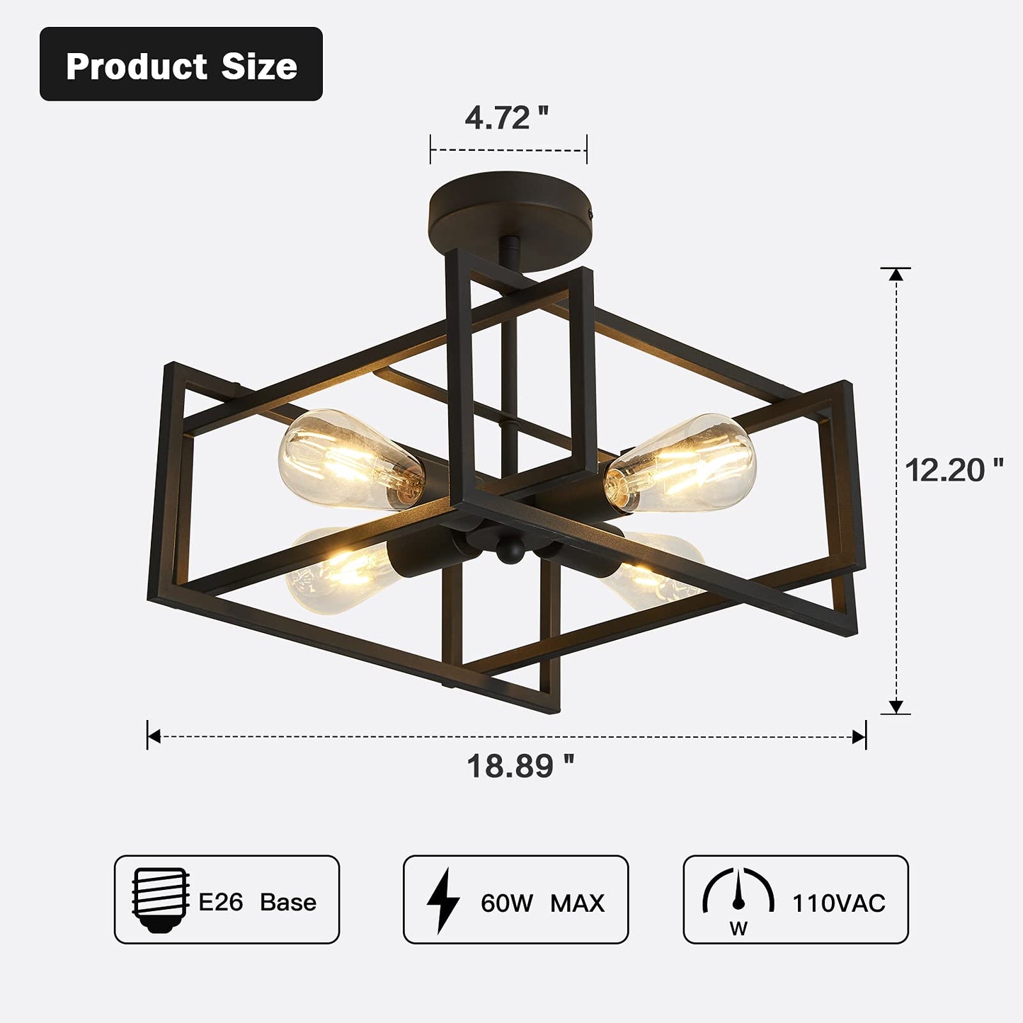 ZGLAOJT 4-Lights Close to Ceiling Light,Black Light Fixture Industrial Flush Mount Ceiling Light ,Farmhouse Chandelier Lighting for Kitchen Island Dining Room Bedroom Foyer Hallway