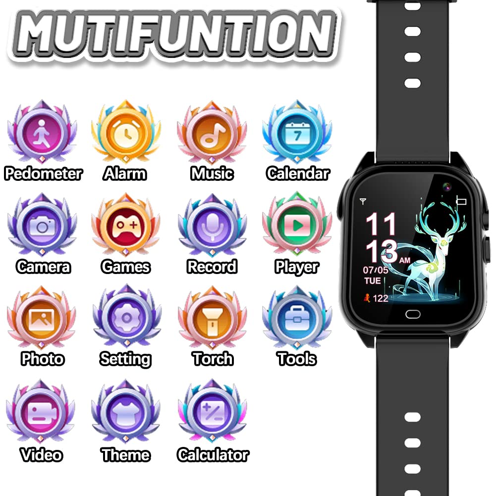 OVV Kids Waterproof Smart Watch Boys Girls Age 3-12 with 26 Game 1.44'' HD Touch Screen Music Player Camera Video Recorder 12/24 Hr Clock Pedometer Alarm Torch Calculator Children Learning Toys