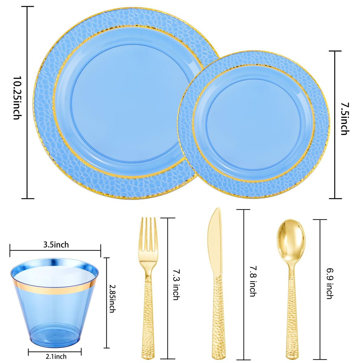 Nervure 150PCS Clear Blue Plastic Plates - Gold Party Plates - Blue and Gold Dinnerware Set Include: 50 Disposable Plate, 25Cups, 25Forks, 25Knives, 25Spoons for Wedding & Party & Father's Day