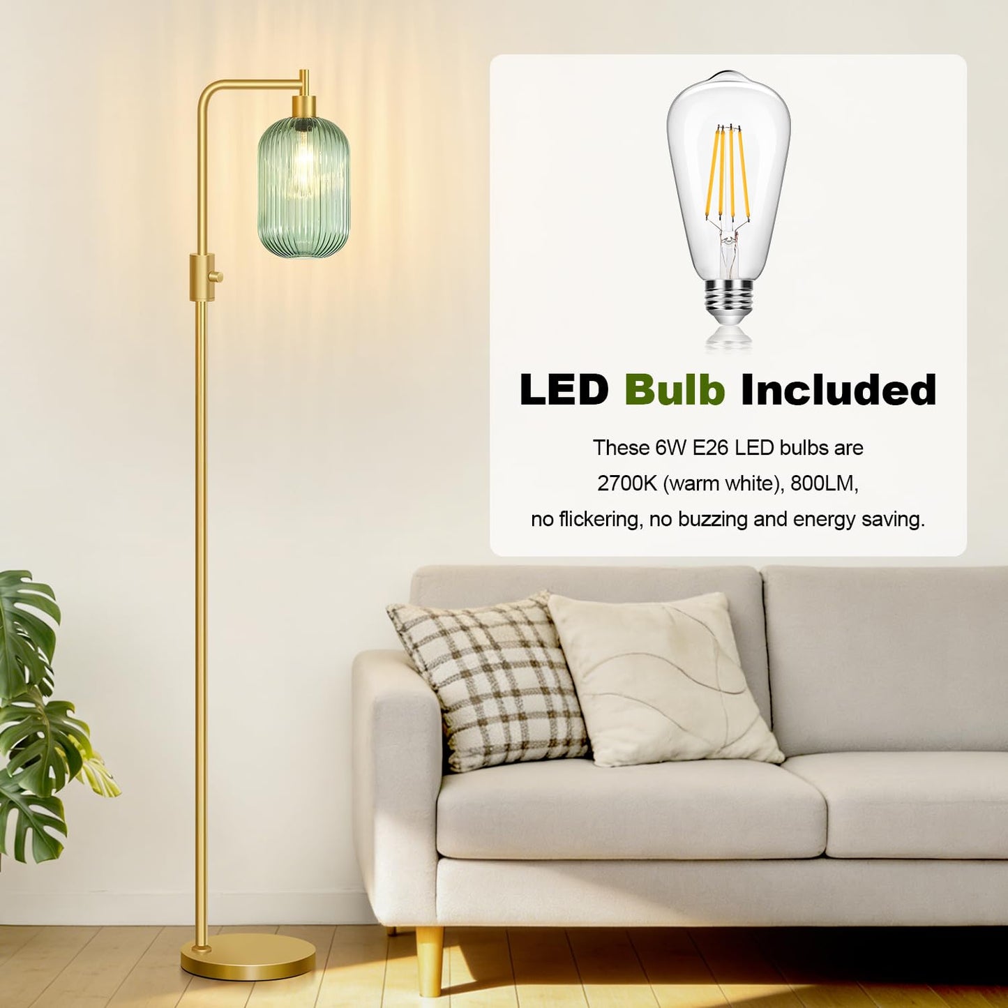 【Upgraded】 Dimmable Glass Floor Lamp for Living Room, Modern Gold Standing Lamp with Green Ribbed Glass Lampshade & Knob Dimmer, Arc Tall Lamp for Bedroom Office Reading Room, 2700K Led Bulb Included