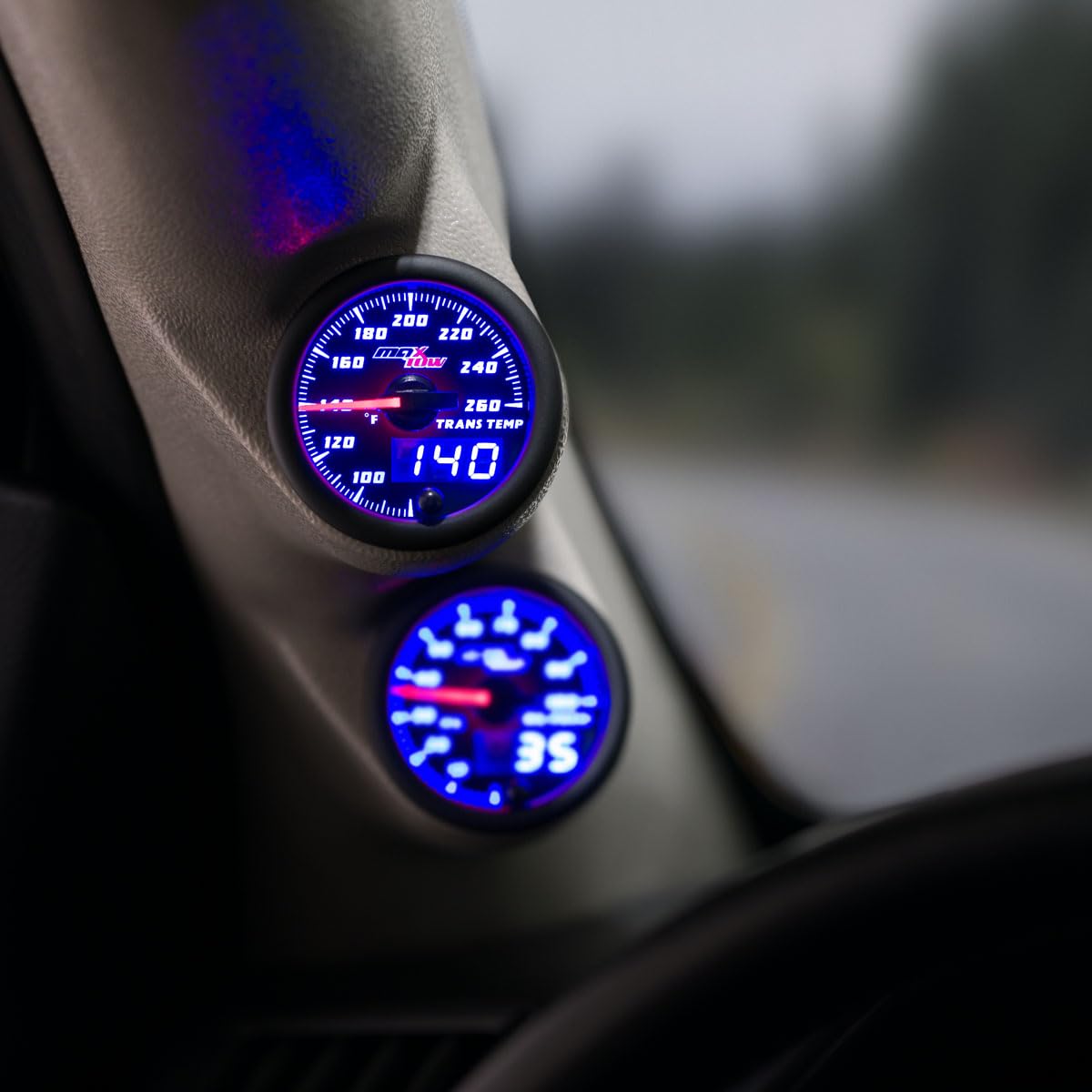 MaxTow Double Vision 260 F Transmission Temperature Gauge Kit - Includes Electronic Sensor - Black Gauge Face - Blue LED Illuminated Dial - Analog & Digital Readouts - for Trucks - 2-1/16" 52mm