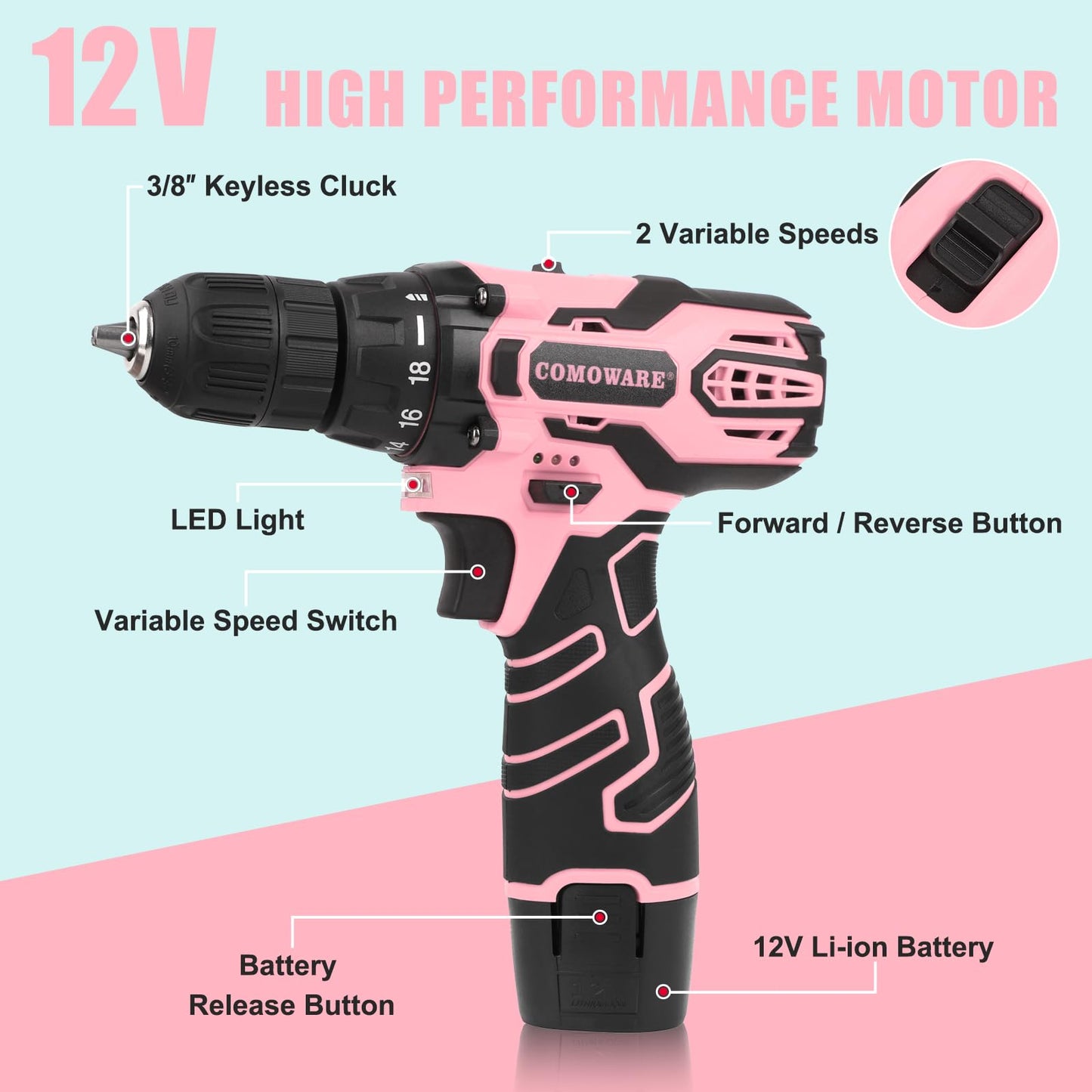 COMOWARE Pink Cordless Drill Set for Women, 12V Lightweight Electric Screwdriver with 3/8" Keyless Chuck, 1.5Ah Battery - Portable Power Drill Kit with Pink Tool Bag for Home DIY Projects